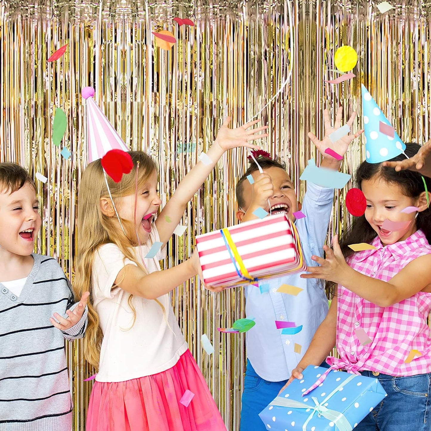 10 Pack Champagne Gold Foil Curtain Backdrop 3.2ft x 9.8ft Metallic Tinsel Foil Fringe Curtains Streamer Photo Booth Backdrop for Birthday Party Engagement Bachelorette Party Decorations