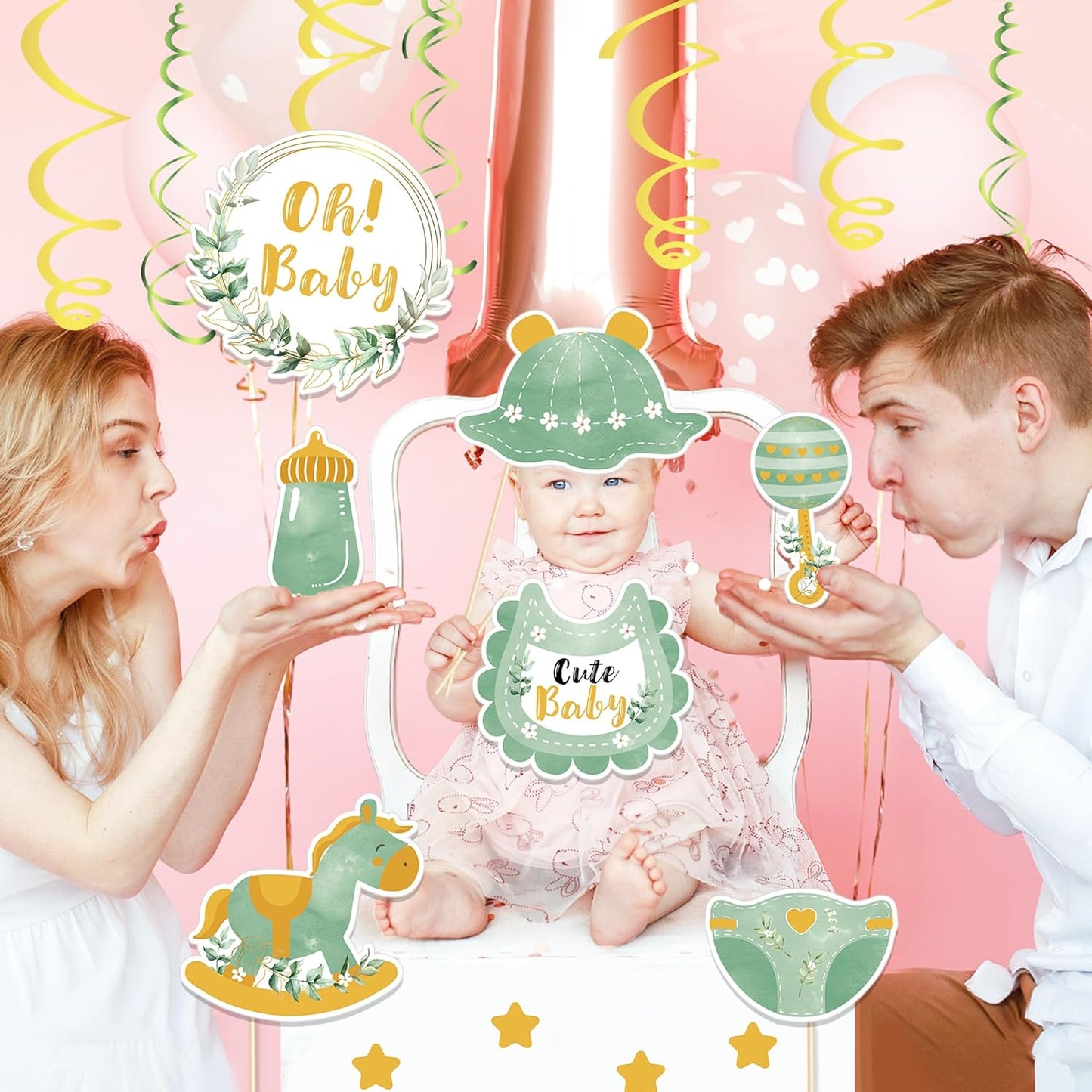 Sage Green Baby Shower Party Photo Booth Props 25PCS Greenery Baby Shower Props for Newborn Party Decoration Boho Photo Booth Props Kit Party Favors Pose Sign Kit Fun for Party