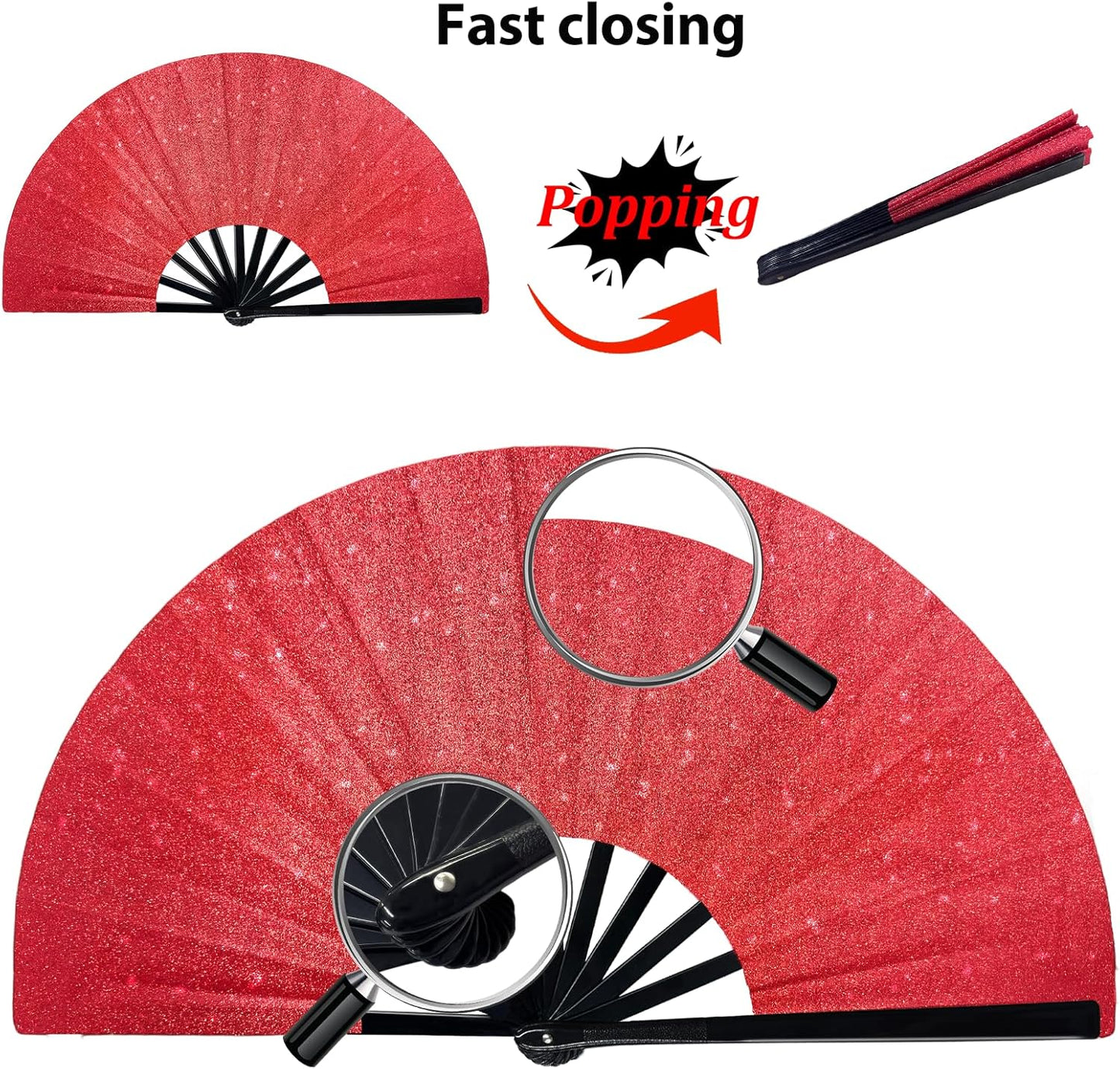 Glitter Large Fans Red Fans for Line Dancing Boots on The Ground Fan Shiny Popping Clacking Fan Hand Fans for Women Foldable Rave Accessories for Festival, Party, Club, Dance