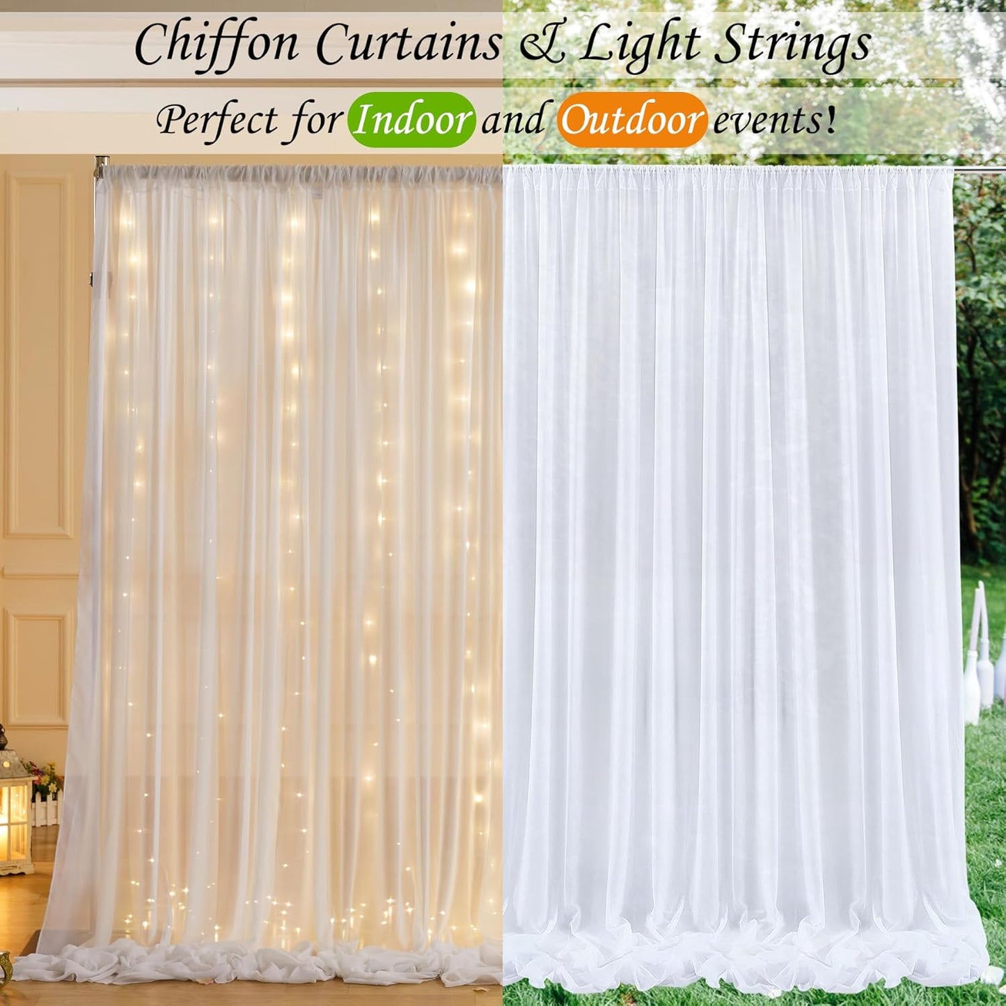 10ft x 10ft White Chiffon Backdrop Curtain with Lights String for Parites Wedding Wrinkle Free Curtain Photo Backdrops Drapes for Baby Shower Birthday Party Home Decorations