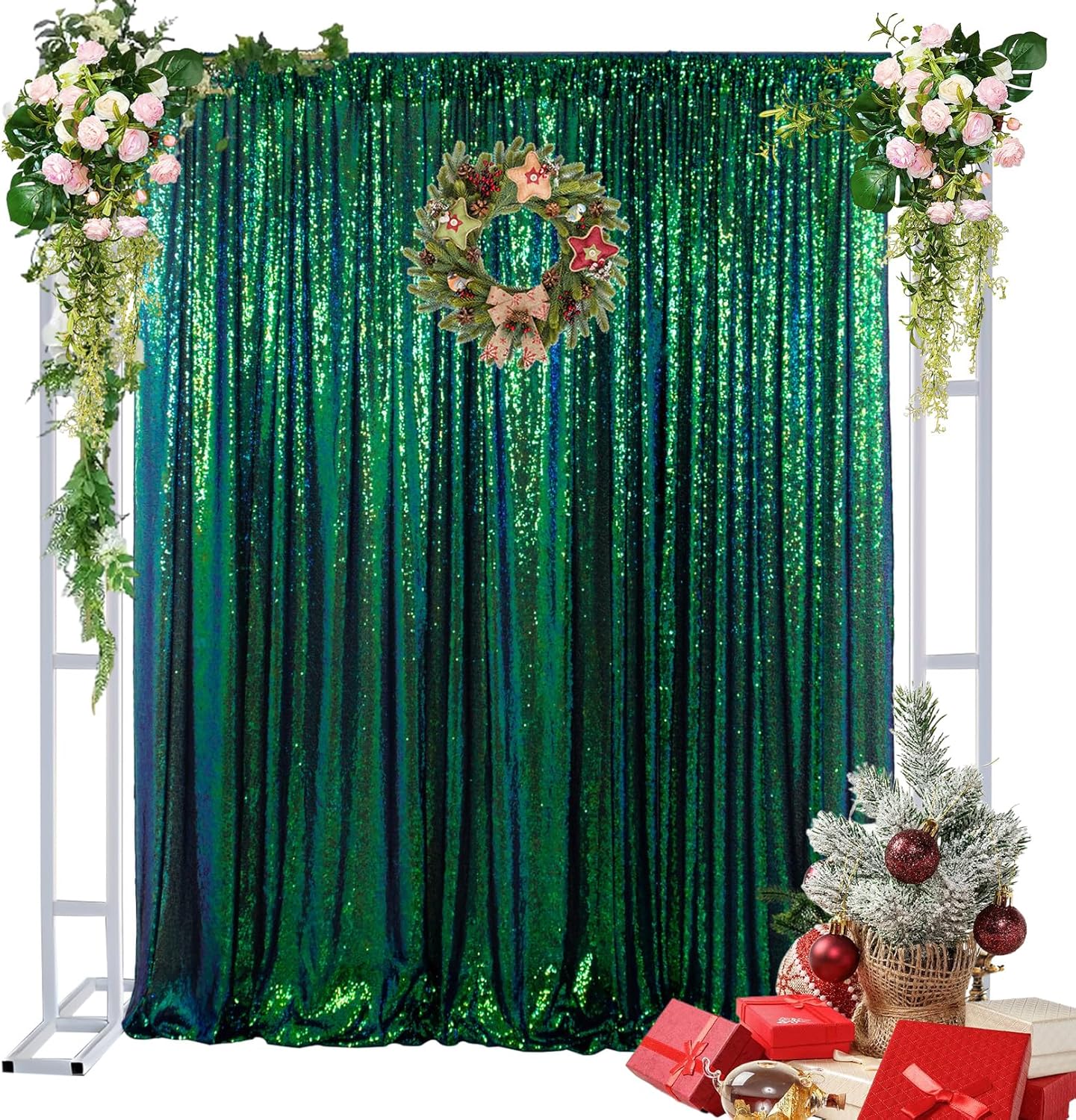 DUOBAO Iridescent Green Sequin-Backdrop-Curtain 1 Panel 10FTx10FT Colorful Green Sequin Backdrop 120-Inches for Photography Wedding Glitter Graduation Photo Backdrop