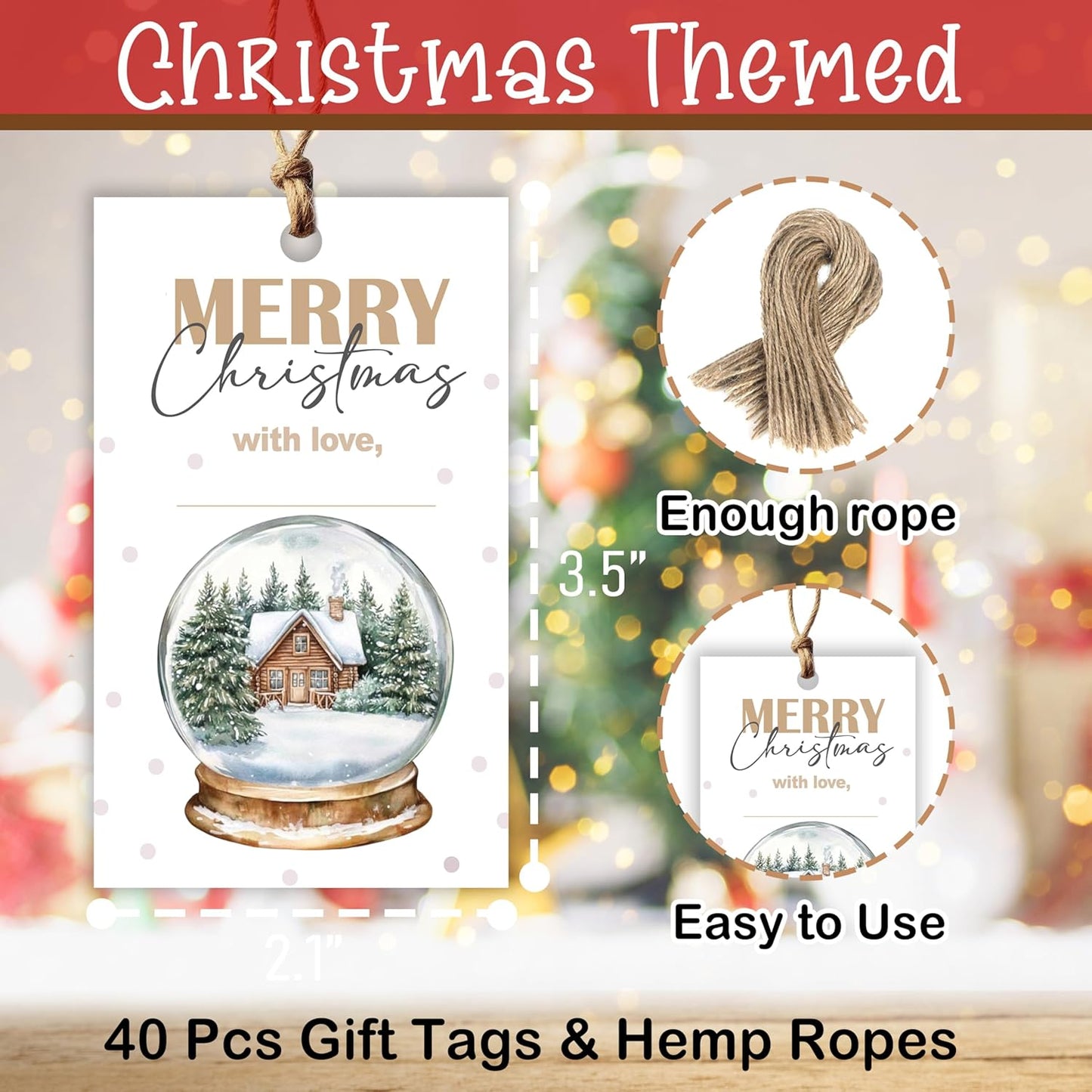 40 Pcs Christmas Gift Tags, 2.1"×3.5" Merry Christmas Tree Paper Tags with String, Hanging Presents Label Wrapping for Party Favor Decorations, 4 Styles - A03