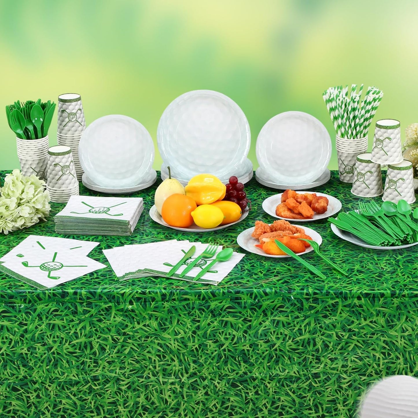 452 Pcs Golf Party Supplies for 50 Guests, Golf Paper Plates Napkins Cups Green Grass Field Tablecloth Cutlery Straws Disposable Tableware Set for Sports Theme Birthday Party Decorations