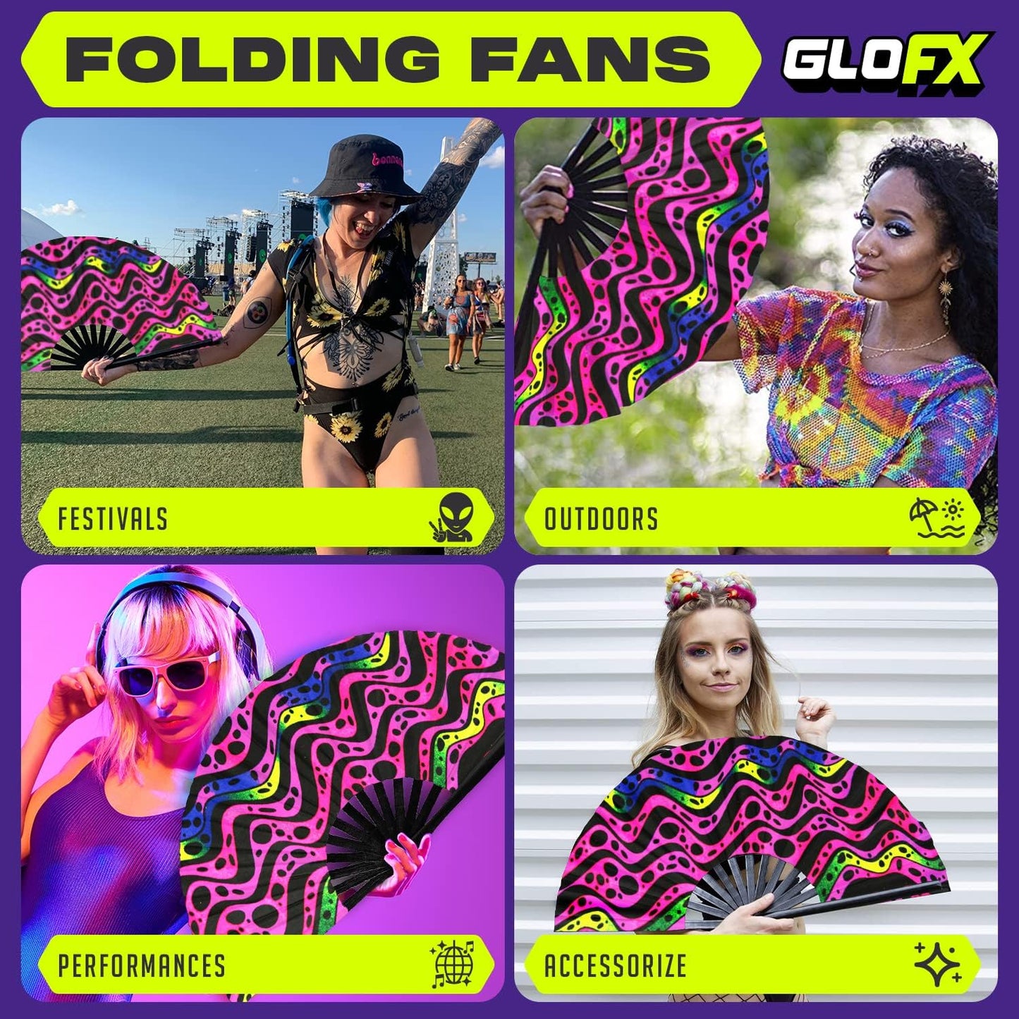 GloFX Folding Fan - Heat Wave - Large Rave Clack Folding Hand Fan for Men and Women - for EDM, Music Festival, Club, Event, Party, Dance, Performance, Decoration, Gift