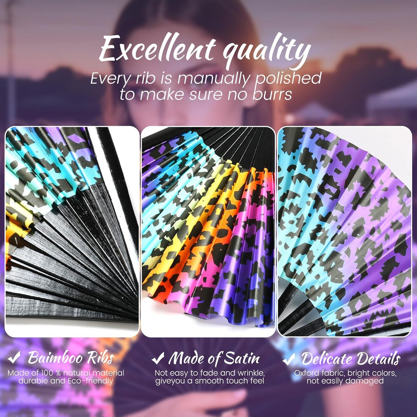 SYNTECSO Folding Hand Fan for Rave, Popping Fan for Line Dancing, Drag Queen, Women and Men Gift，Chinese Japanese UV Glow Clack Fan for Parties, Music Festivals, EDM and Decoration