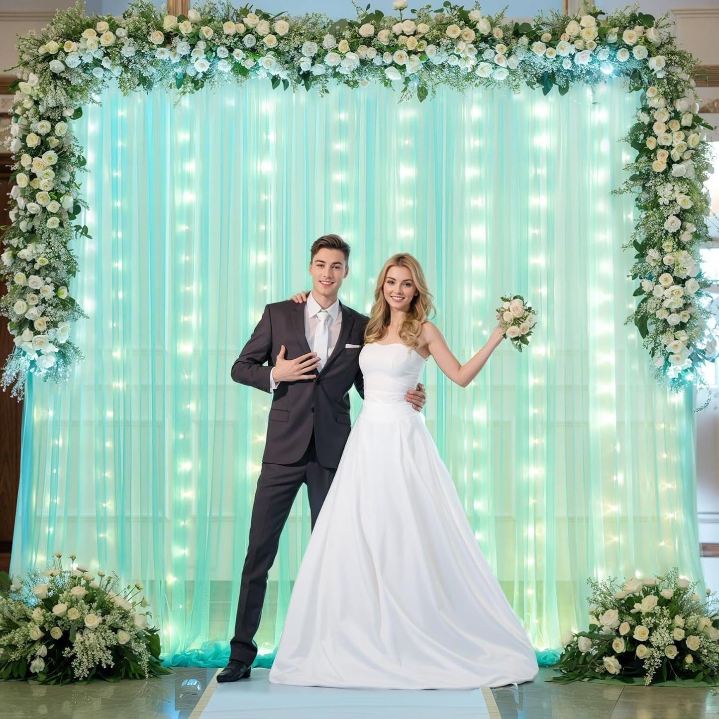 Sage Green Tulle Backdrop Curtains with Lights String for Parites 10x8ft Sheer Backdrop Curtains Drapes for Birthday Party Bridal Shower Baby Shower Christmas Wall Photo Booth Background Decorations