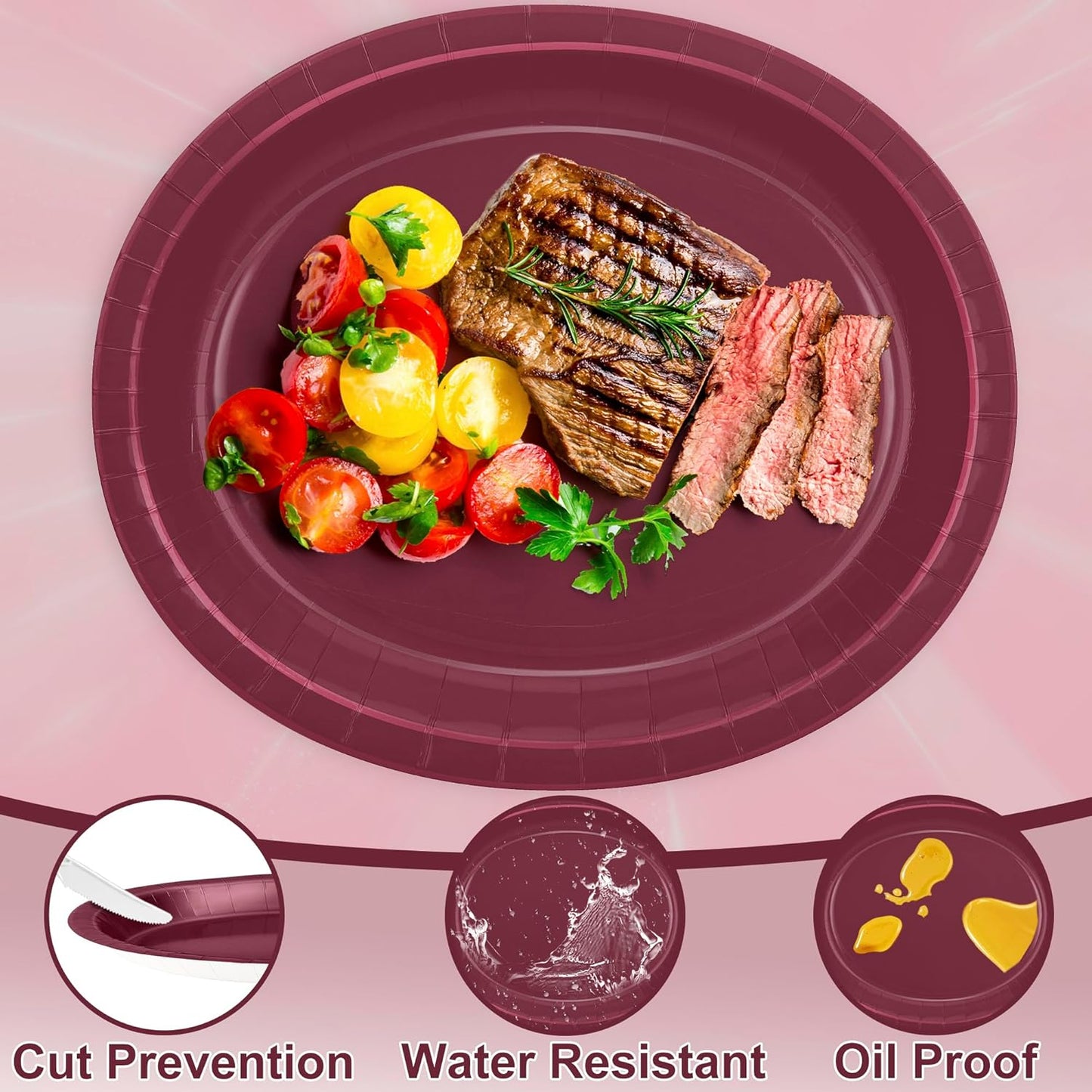 QZYL 50 Count Large Paper Plates, 12.2'' X 10.2'' Oval Wine Red Disposable Paper Plates Daily Dinner Plates Heavy Duty Paper Plates Party Decorations for Birthday Wedding Formal Dinner Holiday