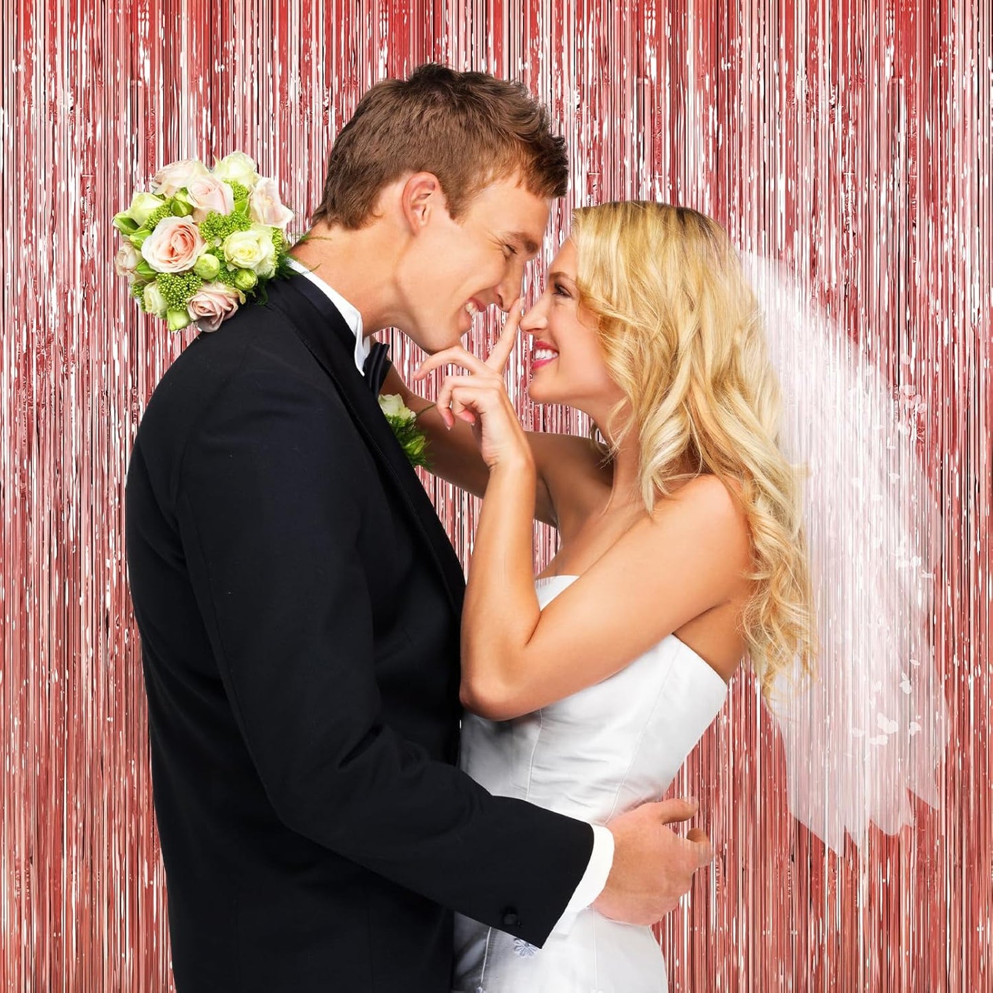 Rose Gold Tinsel Backdrop Birthday Decorations, 2Pack Foil Curtains Metallic Photo Backdrop Foil Fringe Curtains, Party Streamers Supplies for Wedding Xmas Graduation Bachelorette Disco Door Decors