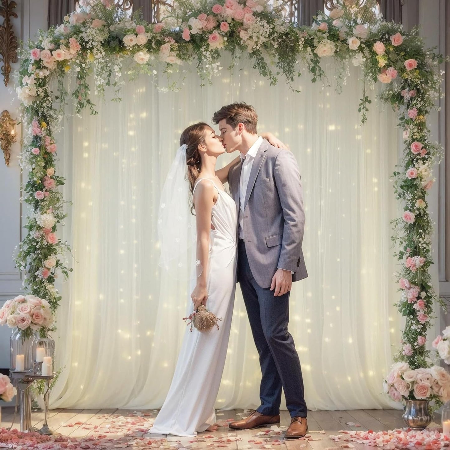 10×10ft Cream White Tulle Backdrop Curtain with Lights String for Parites, Sheer Photo Curtain Backdrop Drapes for Wedding Party Photography Backgrounds