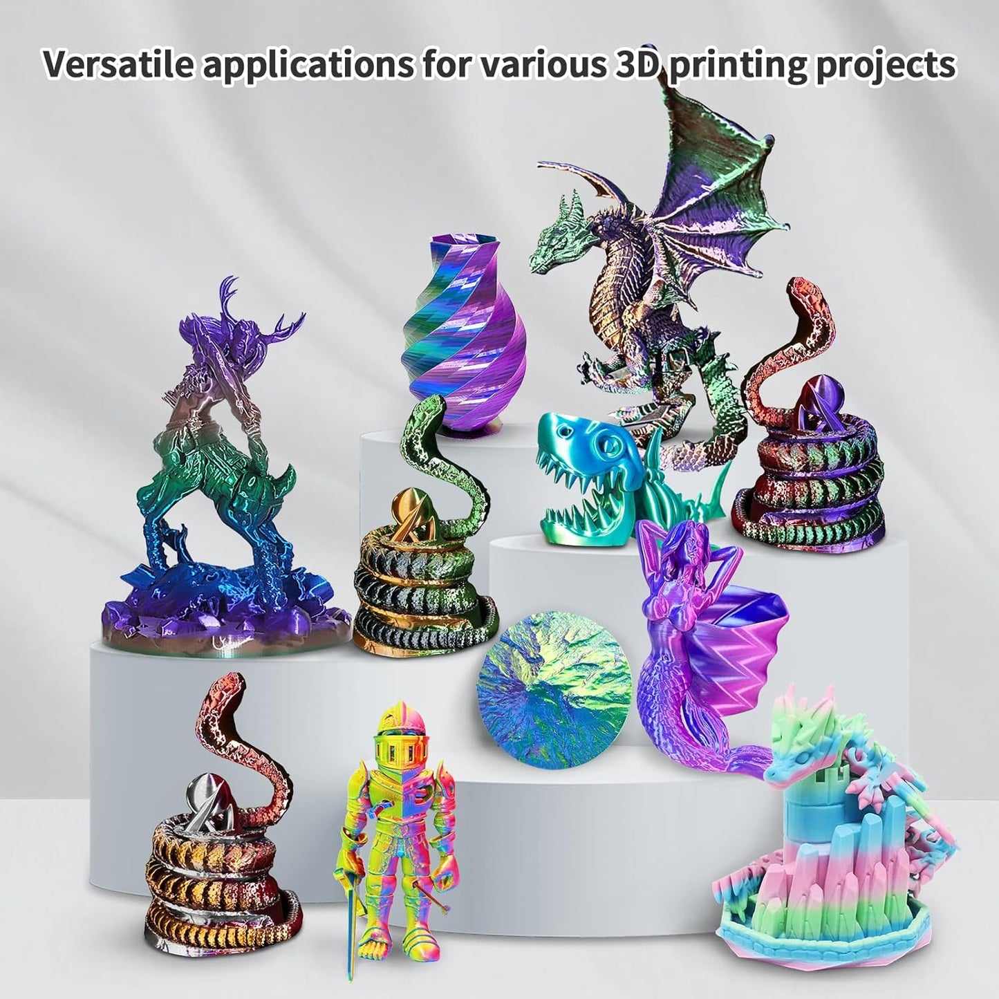 YOUSU 3D Printer Filament 1.75MM Silk PLA Filament Rainbow Color, 10 * 250g Pack Filament Bundle for 3D Printer.