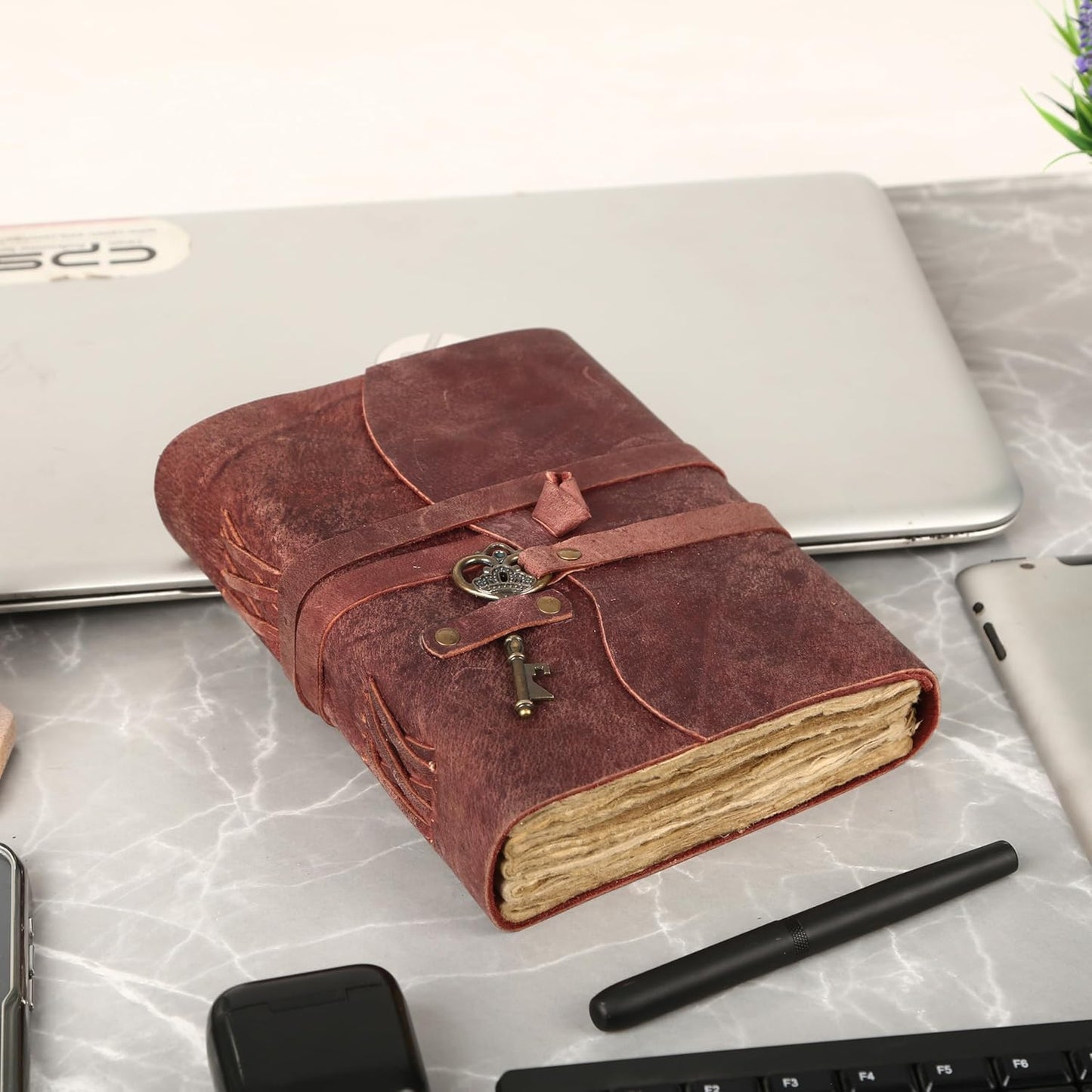 Leather Journal with Lined and Unlined Deckle Edge Paper 8x6 inch and Vintage Key | Handmade Writing Notebook Diary | Bound Daily Notepad for Men & Women Medium, Sketch/Writing pad for Artists