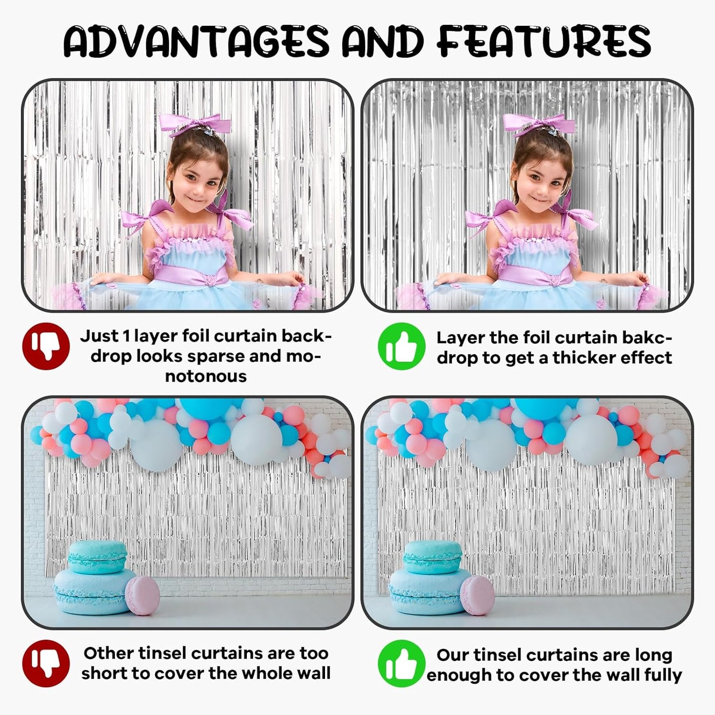 2 Pack Silver Foil Fringe Backdrop Curtains, Tinsel Streamers Birthday Party Decorations, Fringe Backdrop for Graduation, Baby Shower, Gender Reveal, Disco Party