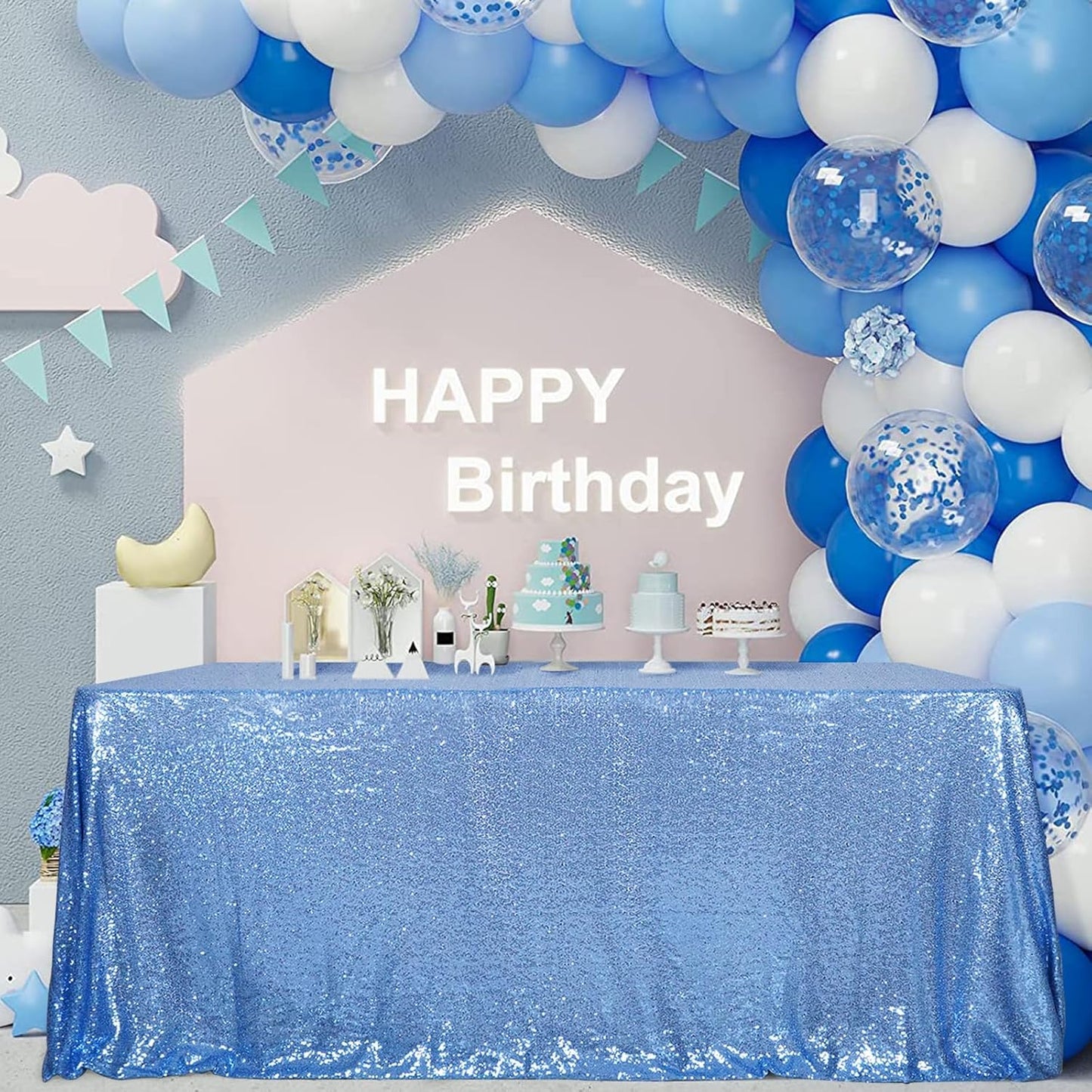 SquarePie Sequin Tablecloth 60 x 102 Inch Baby Blue Sparkly Table Linen for Wedding Party