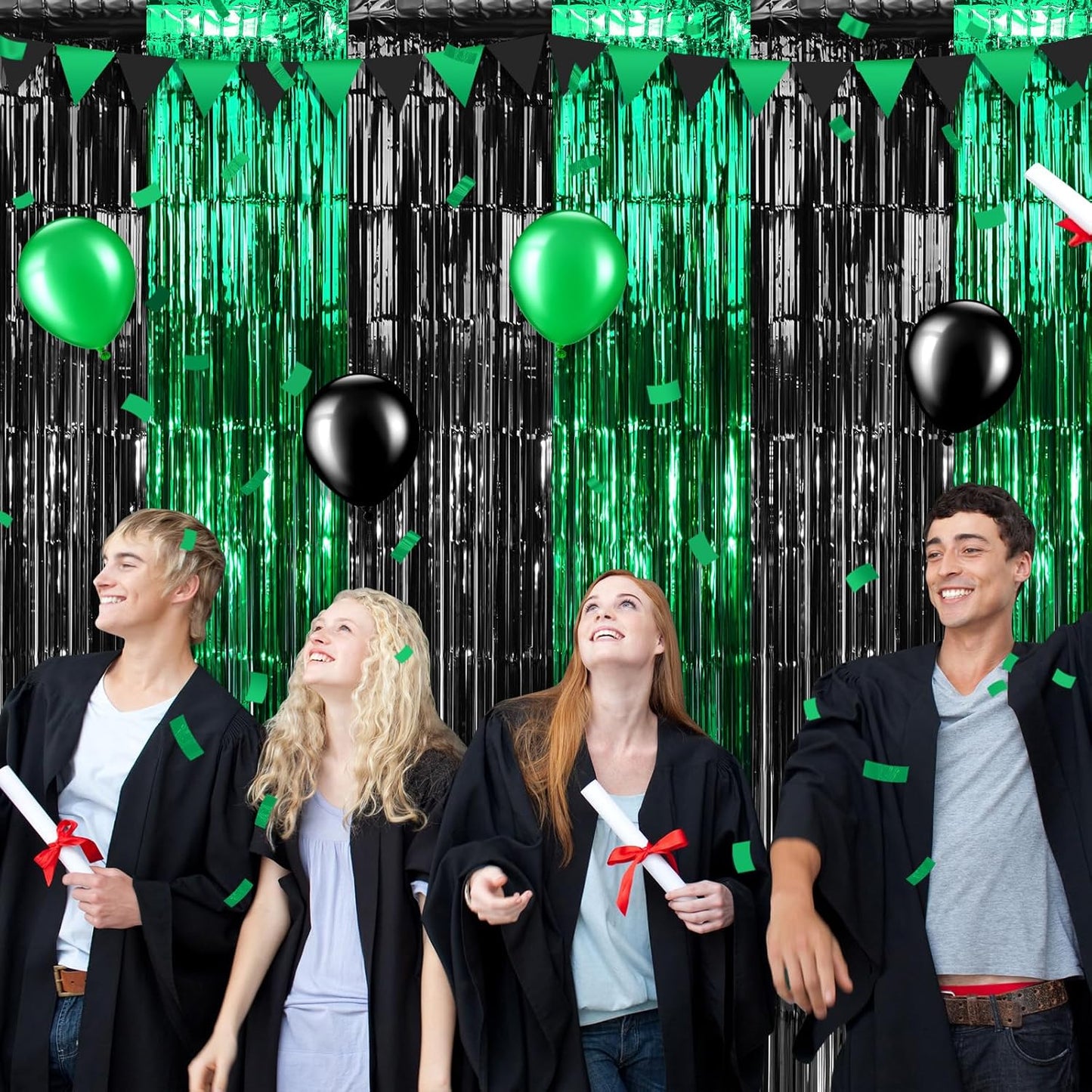 3Pack 3.3Ft x 6.6Ft Graduation Foil Fringe Curtain Backdrop Decorations, Green Black Metallic Tinsel Foil Streamers Curtain Photo Booth Background for Graduation Prom Wedding Birthday Party Decoration
