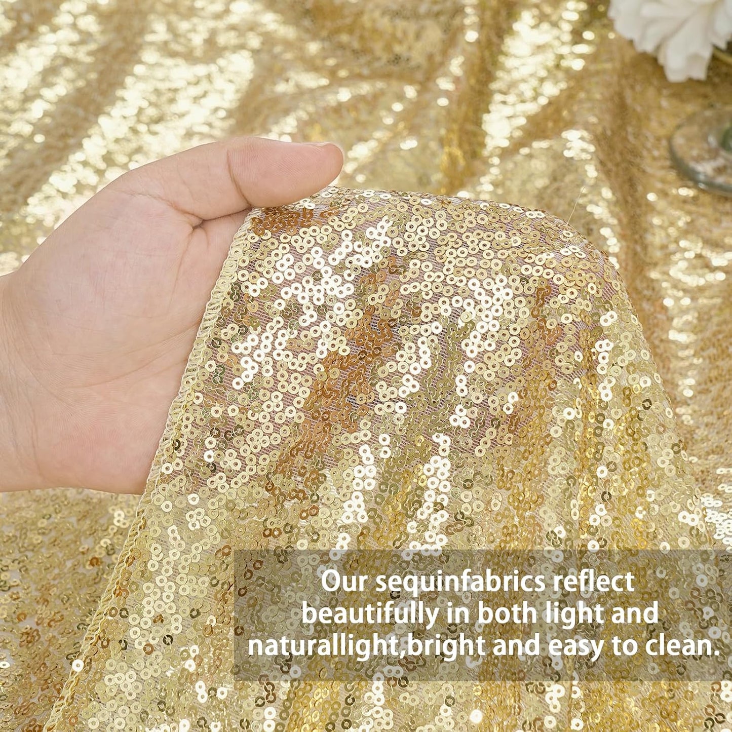 QueenDream Light Gold Sequin Decorative Party Tablecloth: Large Shimmer Dessert Table Overlay 90x132 Inch Dinner Table Drapes Cocktail Xmas Decor