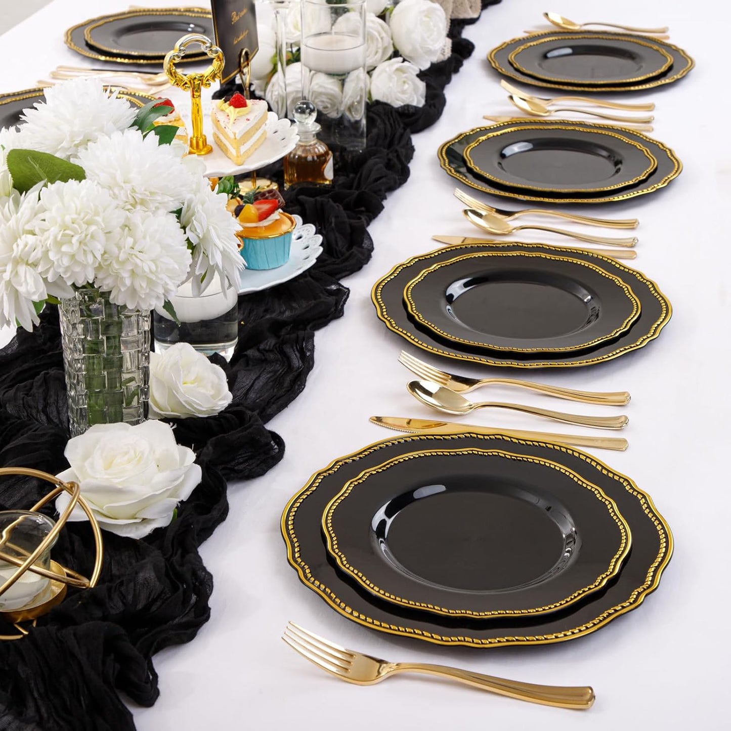 Hioasis 60pcs Black Plastic Plates - Black and Gold Disposable Dinnerware with Gold Rim, Heavy-duty, 7.5 inch, Dessert Plates for Party & Halloween