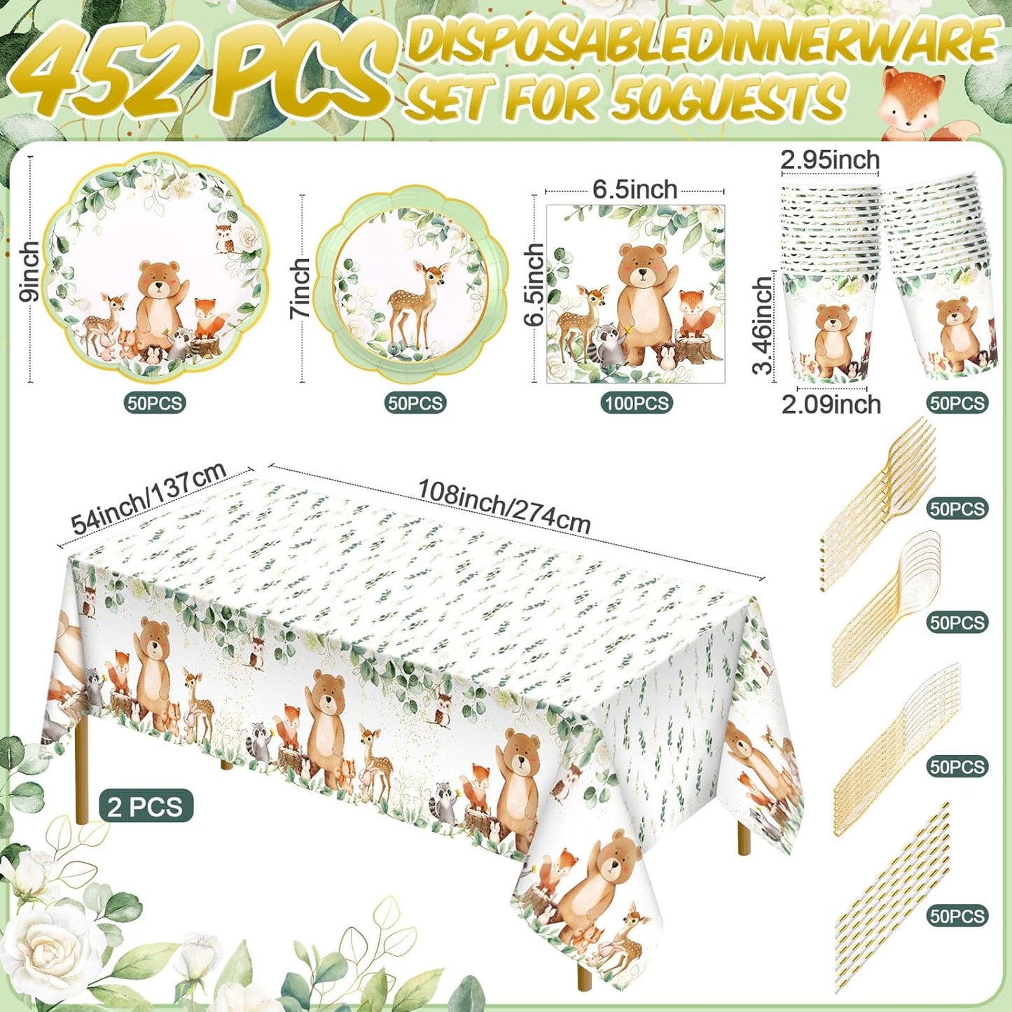 452 Pcs Woodland Party Decoration for 50, Woodland Animal Baby Shower Paper Plates Napkins Cups Tablecloth Cutlery Straws for Forest Wild Safari Birthday Gender Reveal Party Supplies