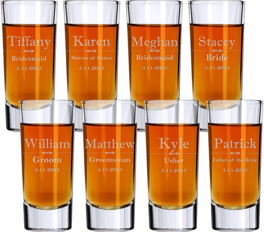 Custom Engraved Shot Glass – 2oz Tall Clear Glass – Personalized Gift for Wedding Party – Classic Etched Barware Keepsake for Groomsmen, Bridesmaids, and More (8)
