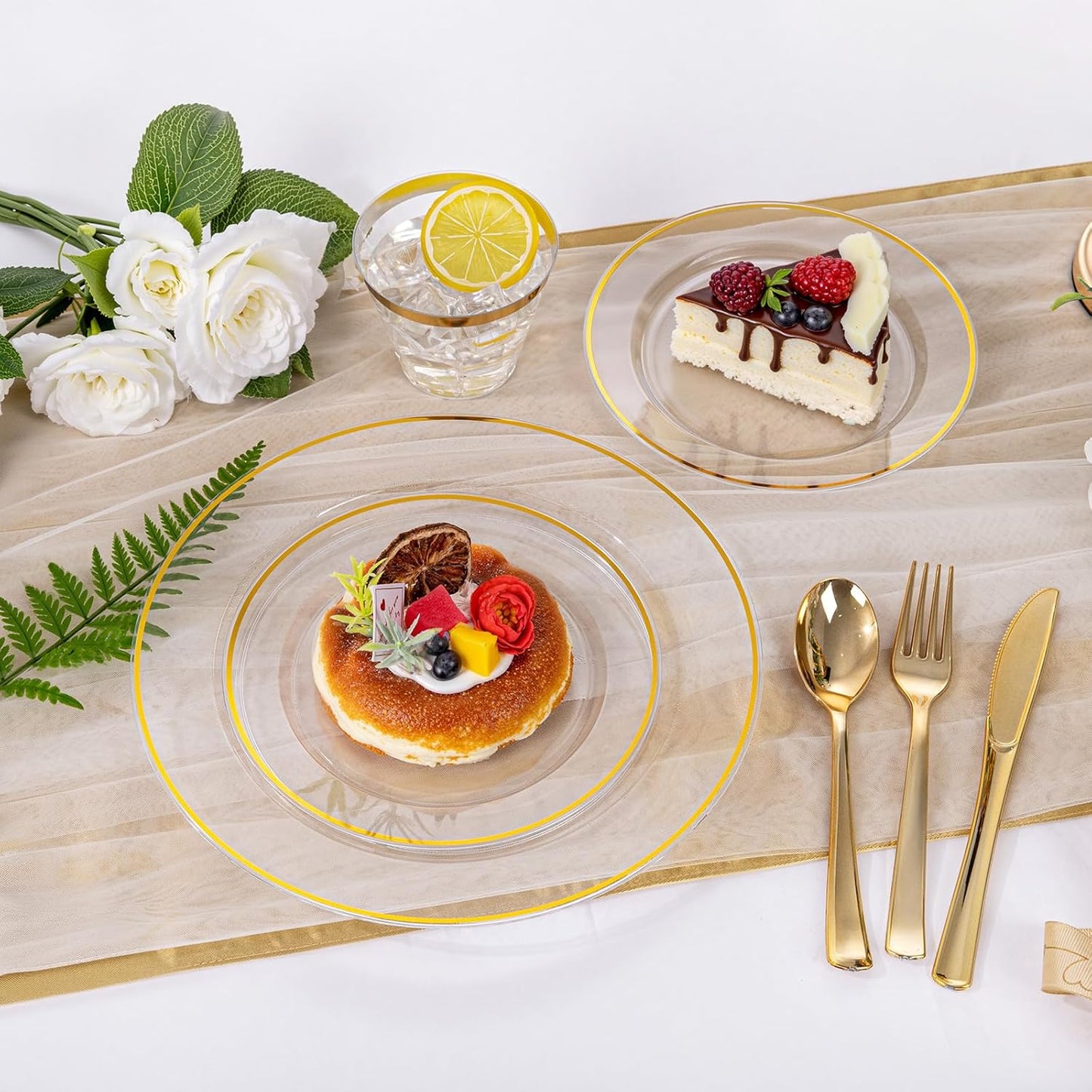 SUT 350 Pcs Gold and Clear Plastic Dinnerware Set for 50 Guests, Include: 50 Dinner Plates, 50 Dessert Plates, 50 Pre Rolled Napkins With Silverware, 50 Cups, Disposable Plates for Party, Wedding