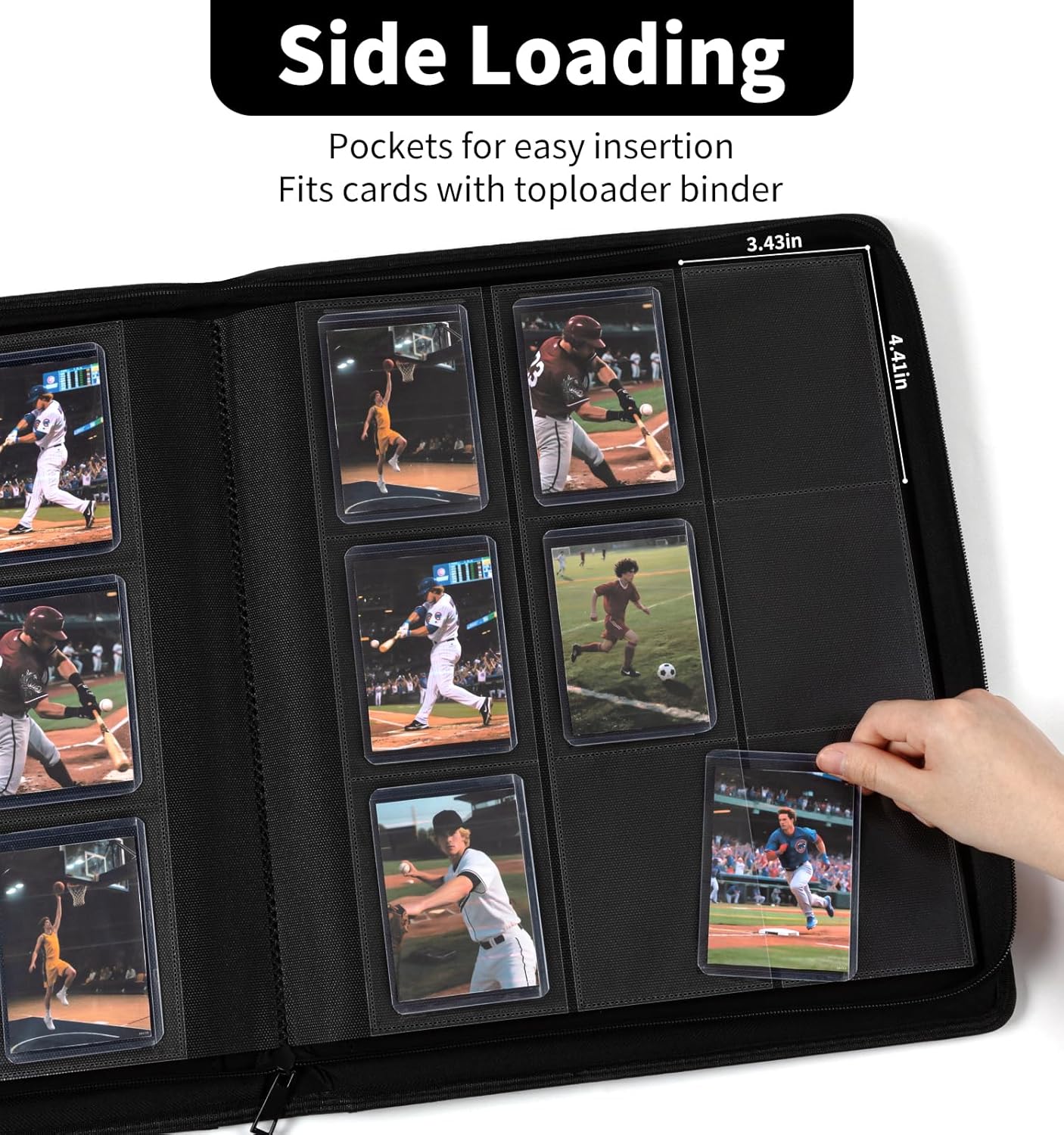 9-Pocket Toploader Binder, Baseball Football Sports Game Cards for 3"x4" Rigid Toploaders Trading Card Collection Album Holds 288 Cards Waterproof Storage Book Easy to Insert（Grey)