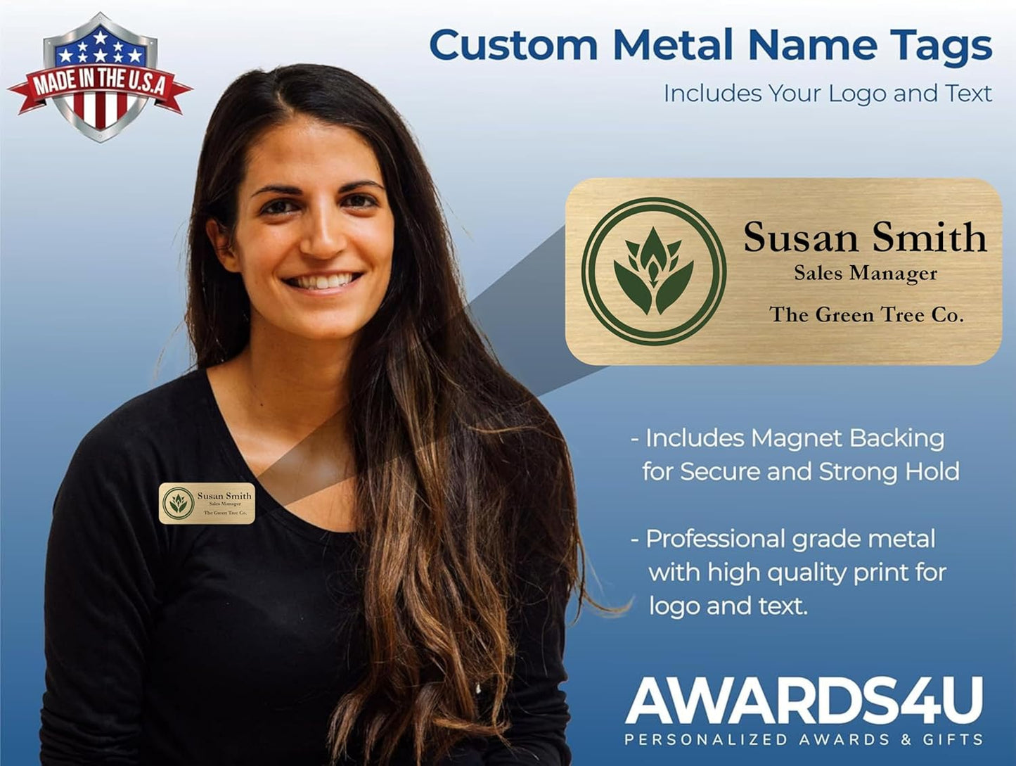 Custom Name Tag with Logo - Personalized Name Badge with Magnet Backing - Choose Your Size and Color (Gold Metal 3"x1.25" - Logo on Left)