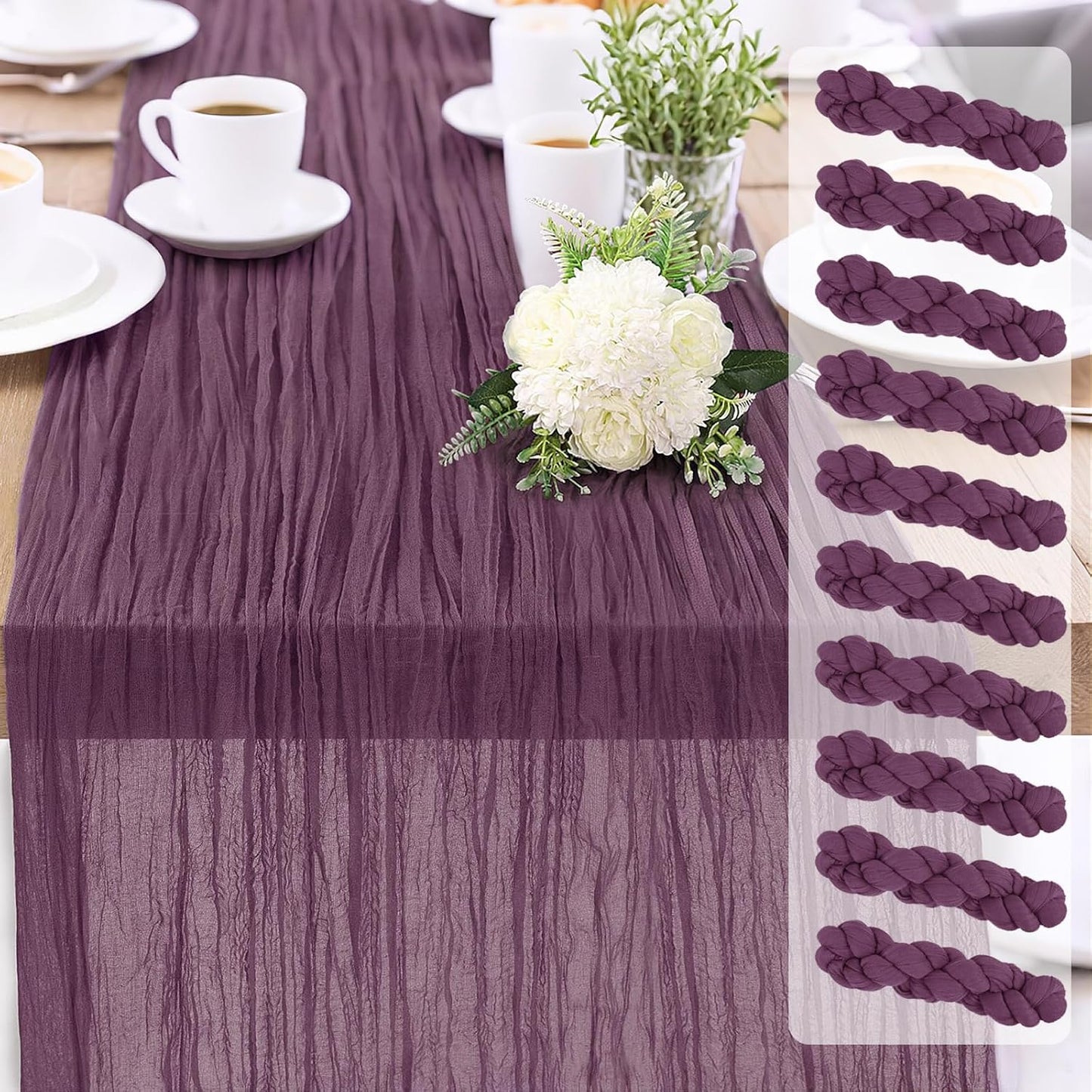 Cheesecloth Table Runner 10FT (35x120 Inch) - 10 Pack Dusty Purple Boho Gauze Fabric Cheese Cloth Table Runner Rustic Sheer Table Runners Cheesecloth for Wedding, Bridal Shower, Birthday Party Decor