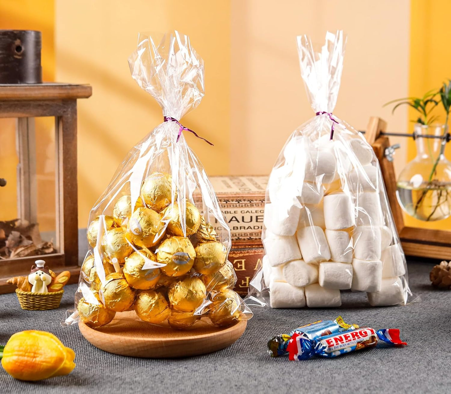 NPLUX 100 Pack Cellophane Bags Small Plastic Cookie Bag Clear Treat Bags with Twist Ties for Small Gift Party Favors, Bakery, Candy, Popcorn (6×10In)