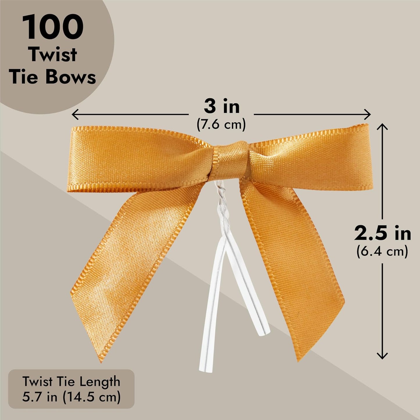 Juvale Satin Twist Tie Bows - Gold Twist Tie Bow Accents - Mini Ribbons for Crafts & Treat Bag Decor - 100 Pack, 3 x 2.5 in, 5.7 in Bands