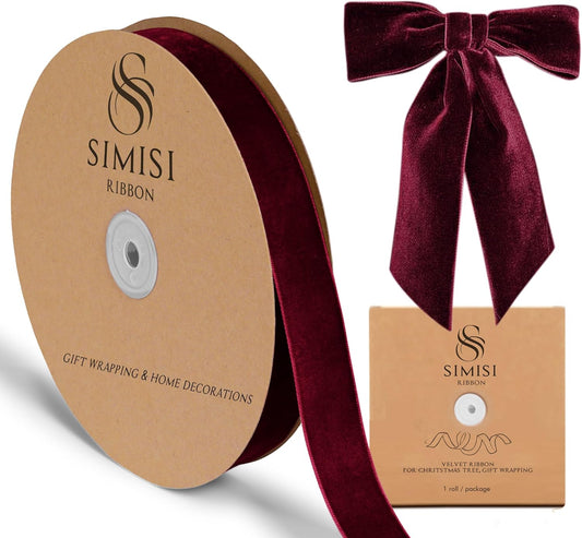 Burgundy Velvet Ribbon 1'' 25 Yards for Christmas Tree, Gift Wrapping, Flower Bouquet, Wreath Decorations, Bow Making