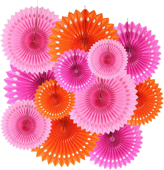 ZOOYOO Hanging Paper Fans Party Decorations,12 Pcs Pink Orange Honeycomb Round Fans,Ceiling Decor for Birthday,Wedding,Graduations,Fall Tea Party Backdrop