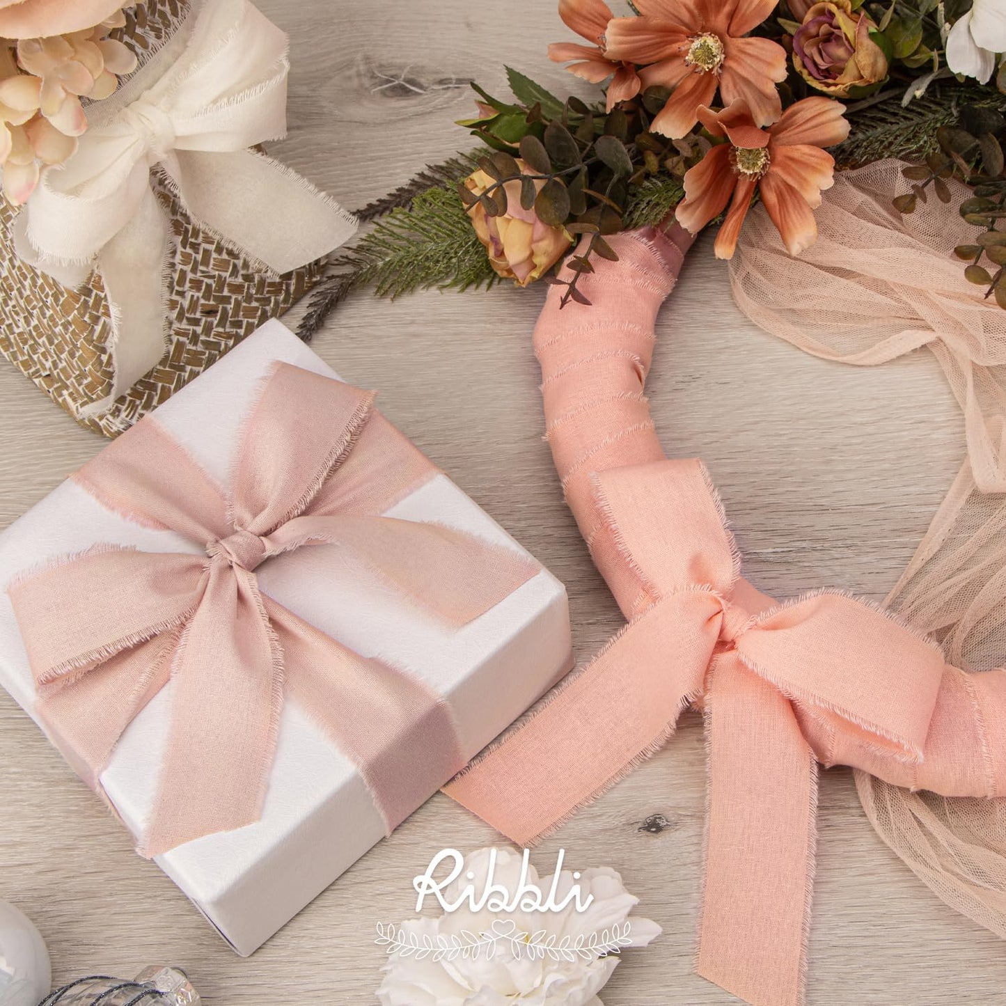 Ribbli 3 Rolls Pink Ribbon 1.5 Inch x 18Yards Ivory Blush Dusty Pink Handmade Cotton Frayed Fringe Ribbons for Gift Wrapping Wedding Invites Bridal Bouquets Baby Shower DIY Crafts Home Decor