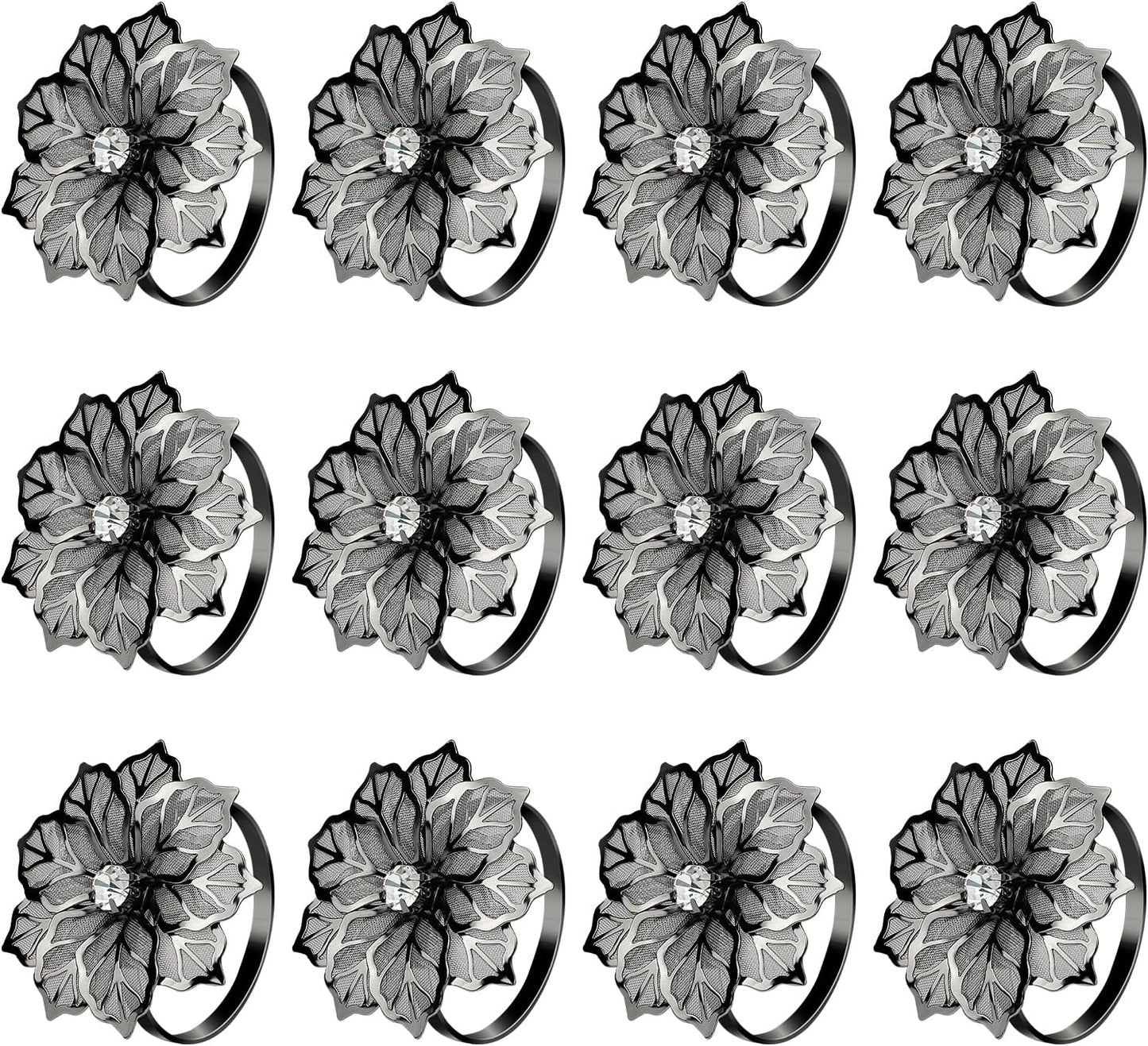 KPOSIYA Flower Napkin Rings Holder Metal Black Napkin Rings Set of 6 for Wedding Party Holiday Banquet Christmas Dinner Delicate Serviette Buckles Decor Favor (6, Black)