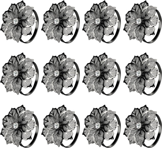 KPOSIYA Flower Napkin Rings Holder Metal Black Napkin Rings Set of 6 for Wedding Party Holiday Banquet Christmas Dinner Delicate Serviette Buckles Decor Favor (6, Black)