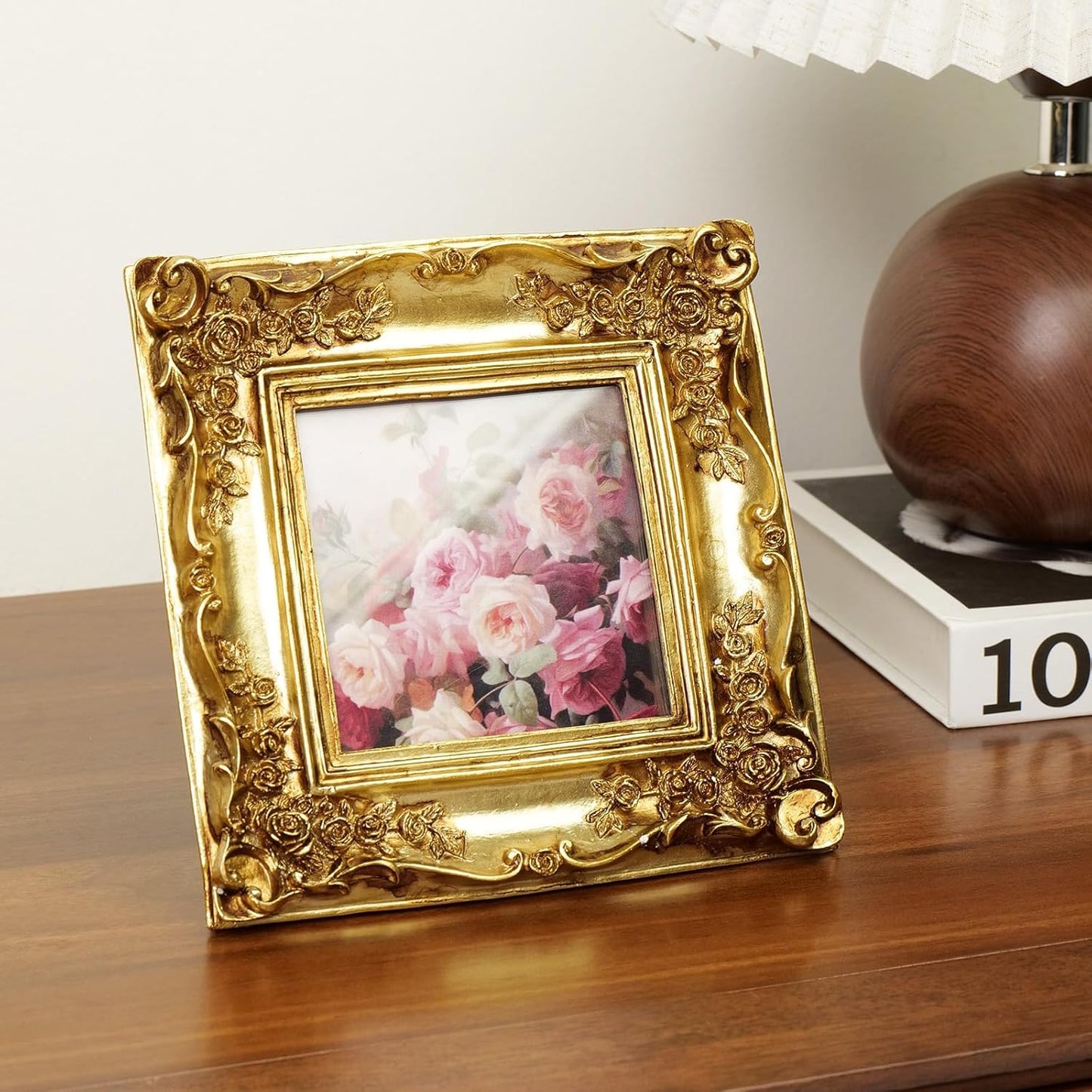 Cuspin Gold Picture Frame 4x4 Frames, Ornate Square Resin Photo Frame with Rose Floral Carvings and Glass Front, Vintage Antique Decorative Picture Frame for Tabletop Display or Home Decor