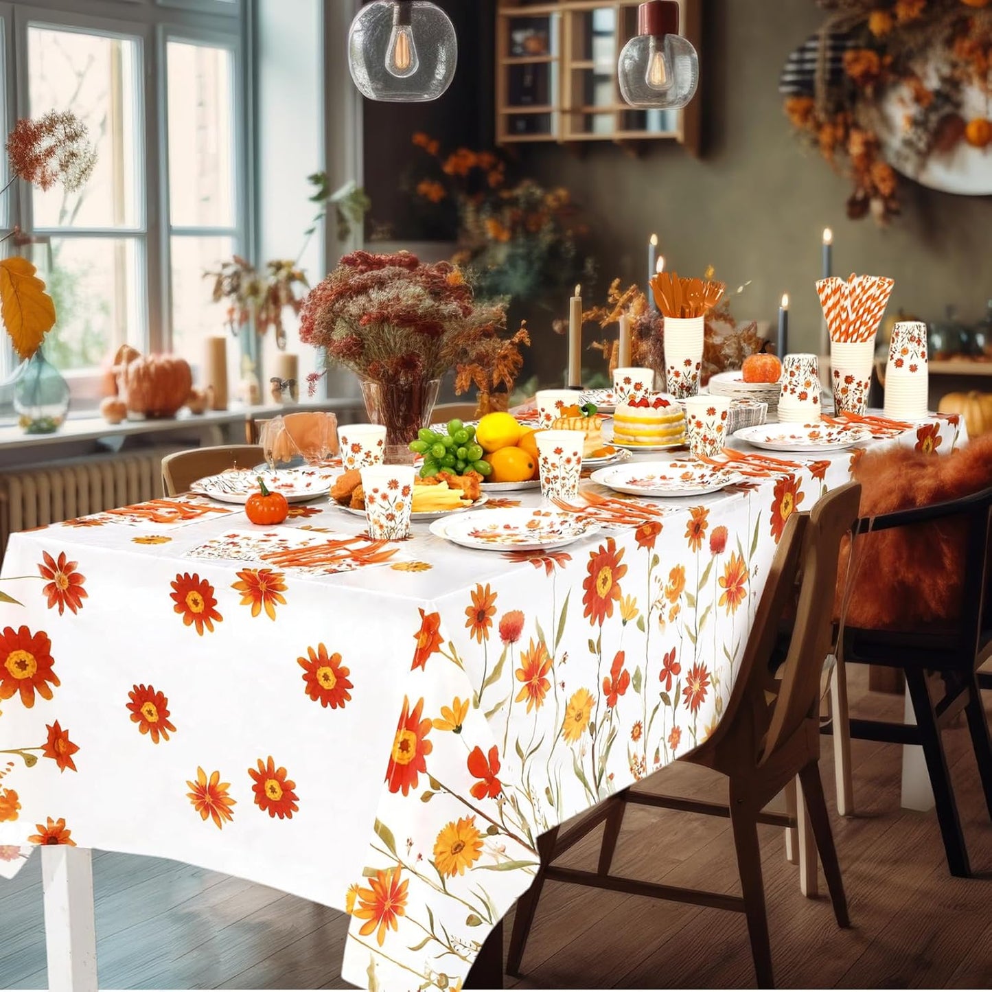 452 Pcs Fall Floral Party Supplies Orange Wildflower Tableware Set, Fall Floral Paper Plates Napkins Cups Tablecloth Cutlery Straw for Thanksgiving Autumn Harvest Wedding Birthday Decoration