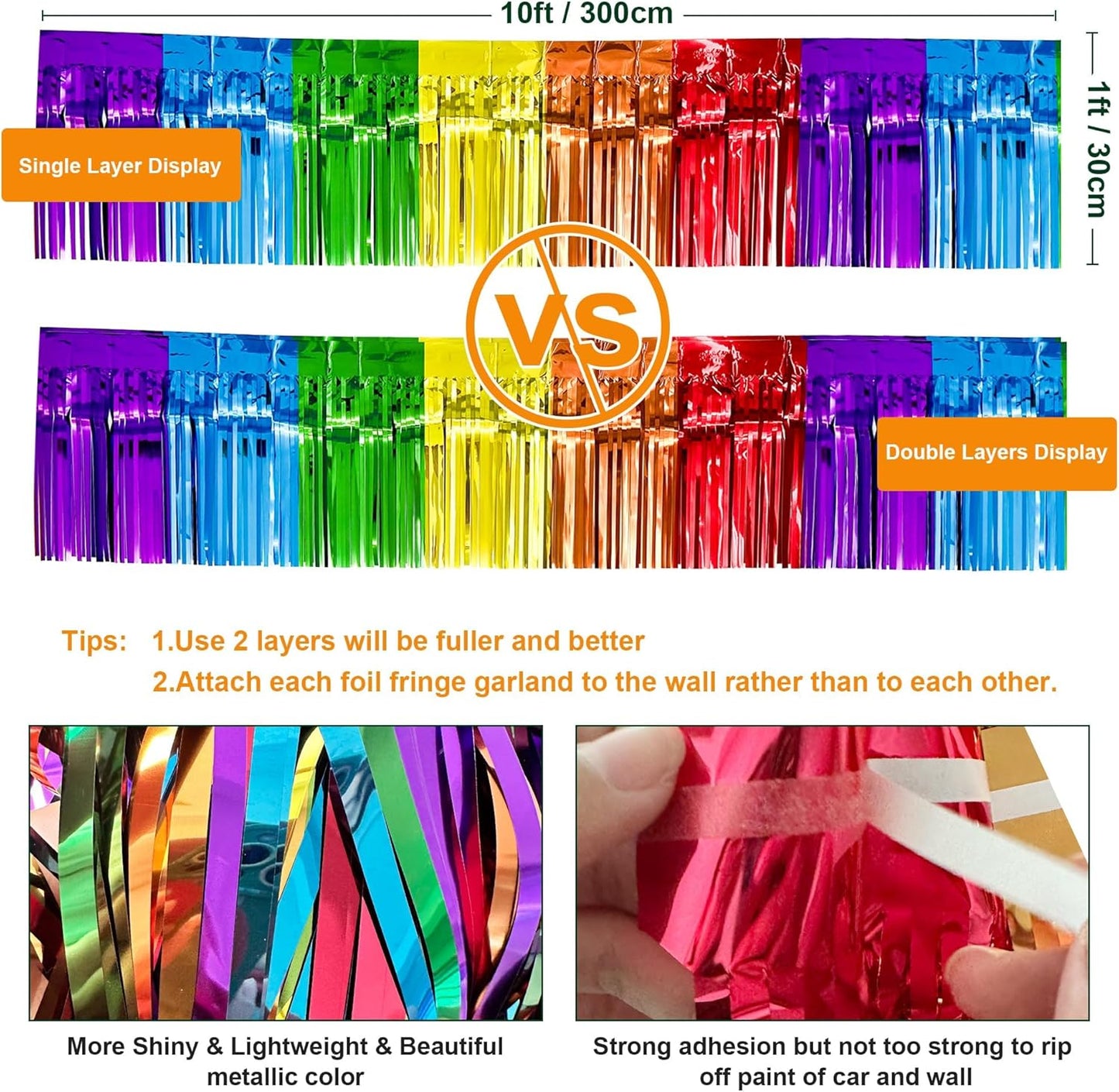 4 Pack 10 Feet Colorful Foil Fringe Garland Rainbow Tinsel Streamers Banner Fringe Curtain Banner for Parade Floats Graduation Homecoming Carnival Birthday Pride Party Decor (Rainbow)