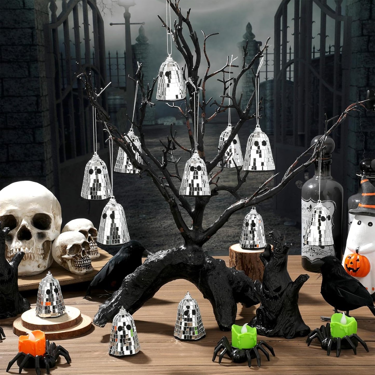 12 Pcs Halloween Disco Ghosts Decor Halloween Ornament Silver Mirror Disco Skeleton Tabletop Centerpiece for Holiday Cosplay Home Props Gift Party Decorations (Sliver)