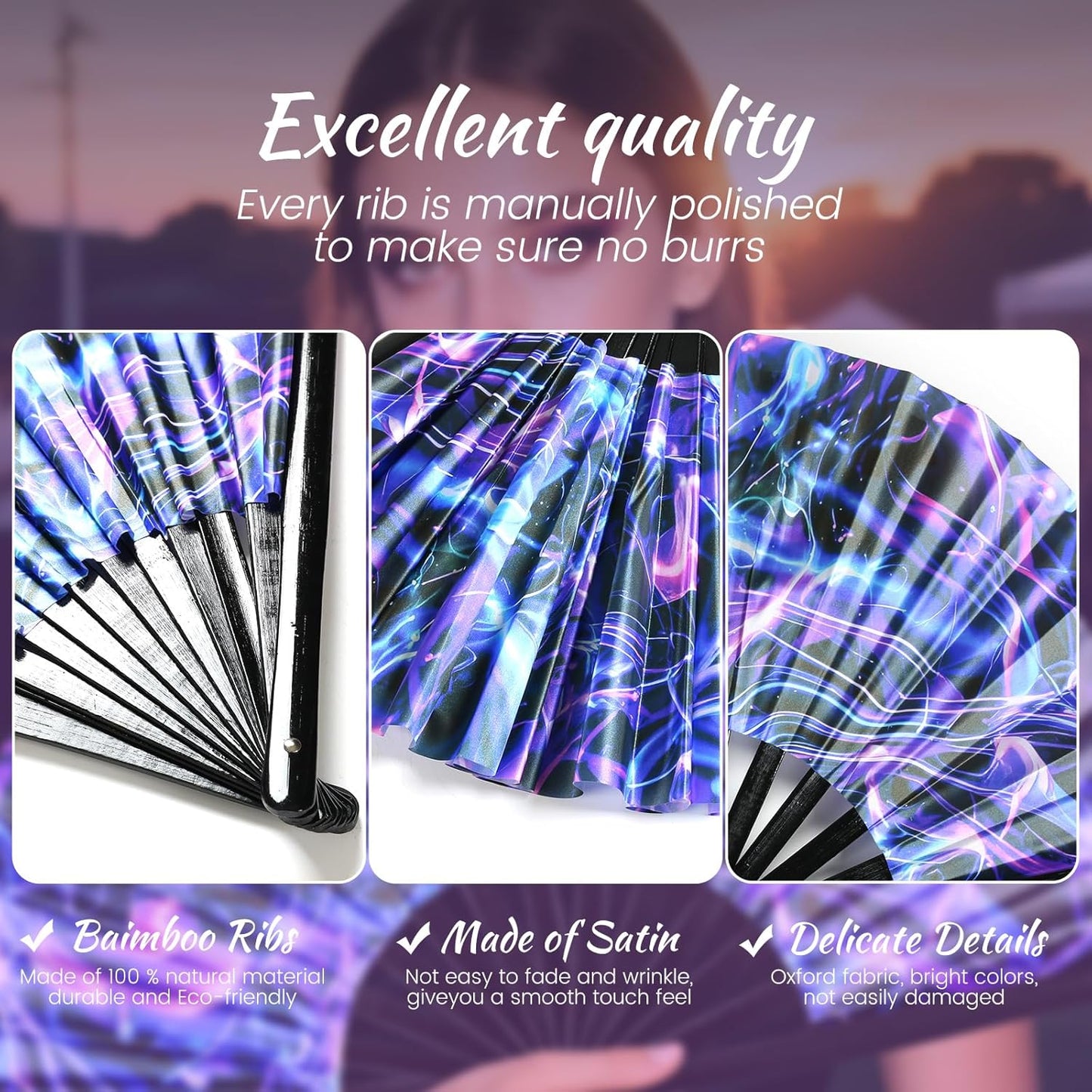 SYNTECSO Folding Hand Fan for Rave, Popping Fan for Line Dancing, Drag Queen, Women and Men Gift，Chinese Japanese UV Glow Clack Fan for Parties, Music Festivals, EDM and Decoration