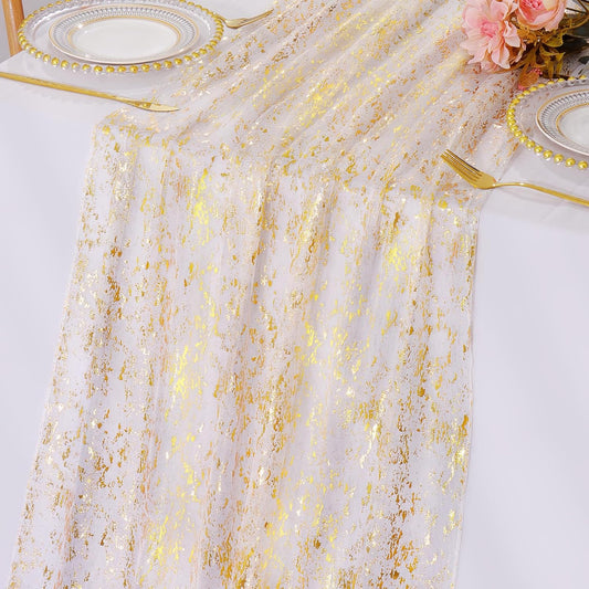 LOMOHOO 10 Ft Gold Table Runner, Golden Sheer Sequin Table Runners 120 Inches Long Glitter Metallic Foil Lace Fabric Table Decor for Birthday Party Wedding Anniversary Centerpiece (3pcs)