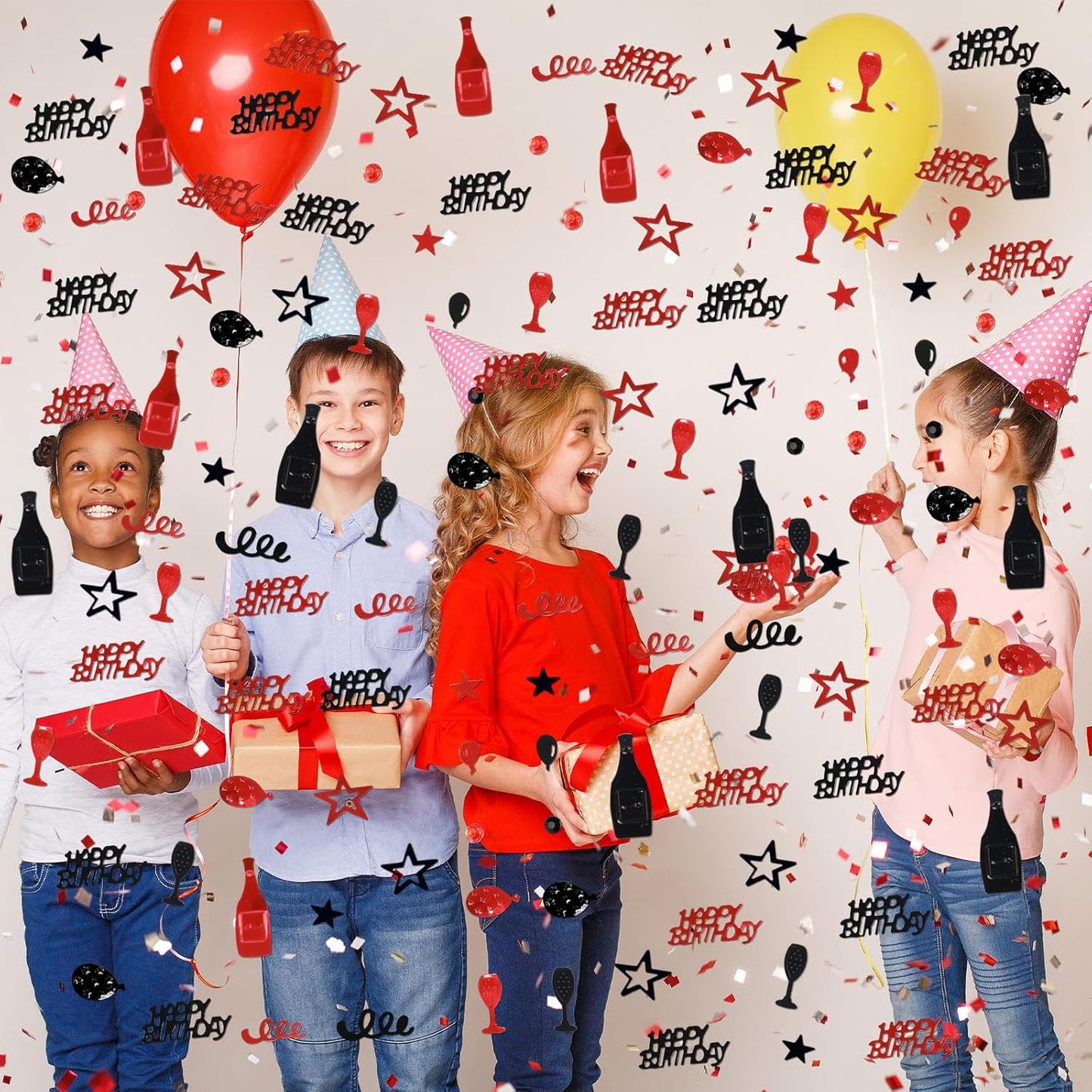 Red and Black Happy Birthday Confetti, 3000 Pcs Birthday Cake Table Metallic Foil Confetti Party Table Decor for Party, Baby Shower, DIY Arts and Crafting