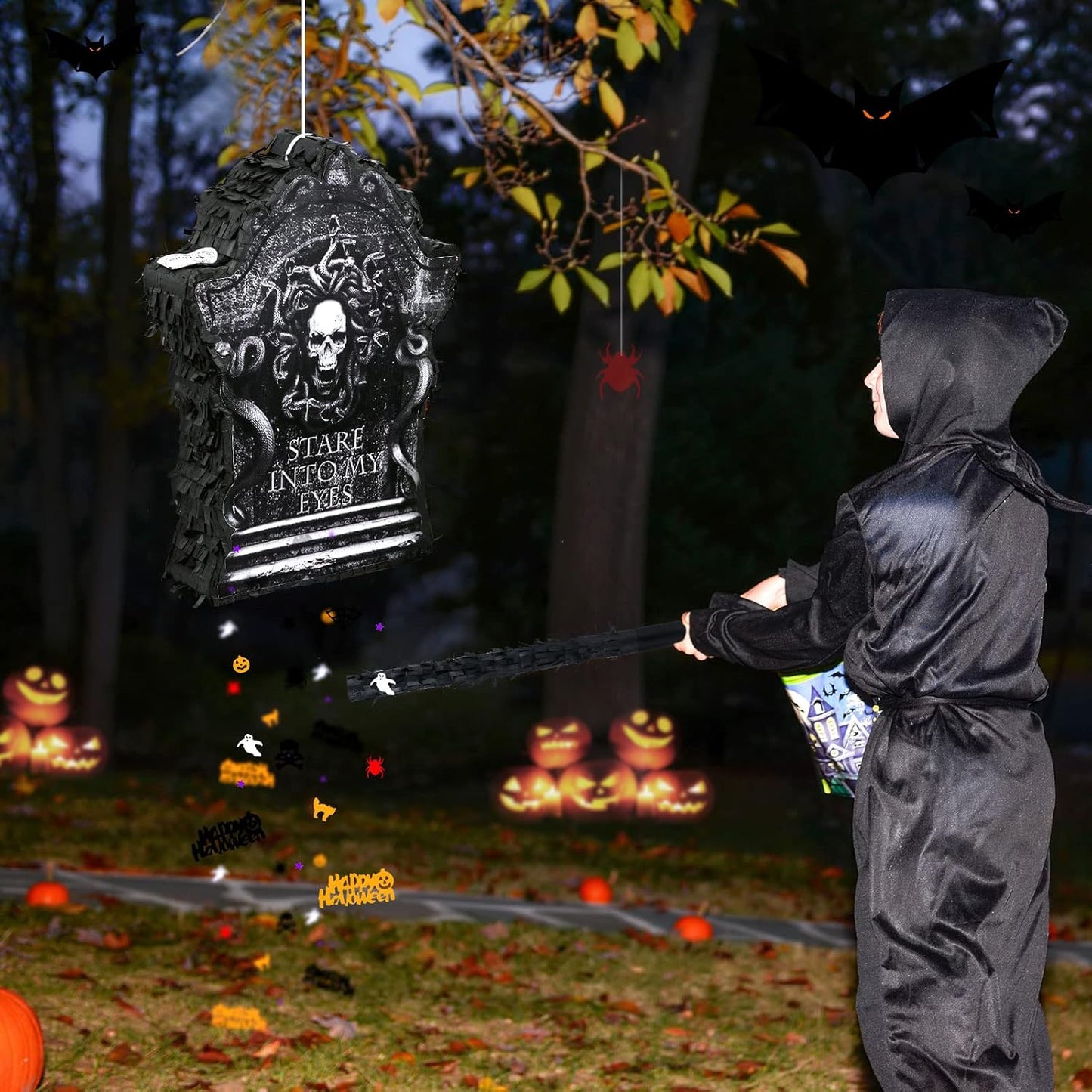 Halloween Tombstone Piñata Halloween Confetti Spooky Ghost Piñata with Stick Paper Eye Mask for Party Birthday Parties Events Themed Fillable for Candy Treat (Tombstone)