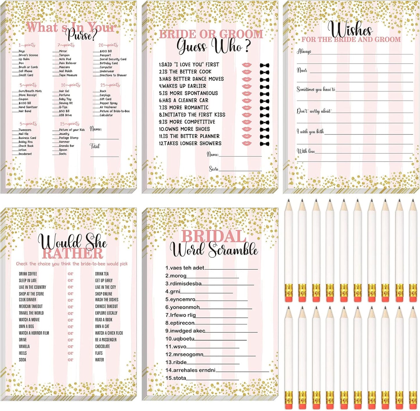 Teling 145 Pieces Bridal Shower Game Bridal Shower Favors Set Wedding Games Cards and Pencils for Bride Groom Bachelorette Party Wedding Party Favor(Confetti Style)