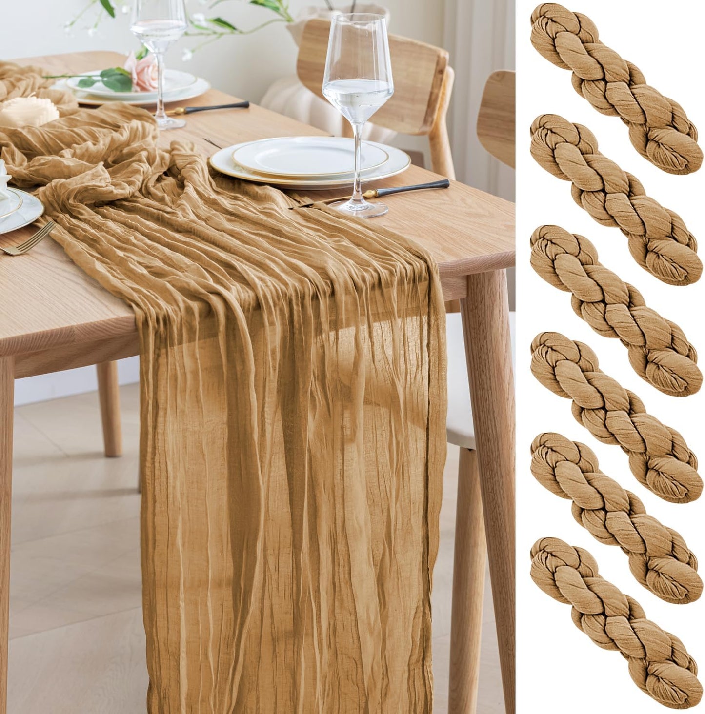 Asee'm 6pcs Cheesecloth Table Runner 120 Inches Long Khaki Boho Gauze Cheese Cloth Runner 10FT Rustic Sheer Table Runners for Christmas Wedding Party Baby Shower Spring Easter Decoration