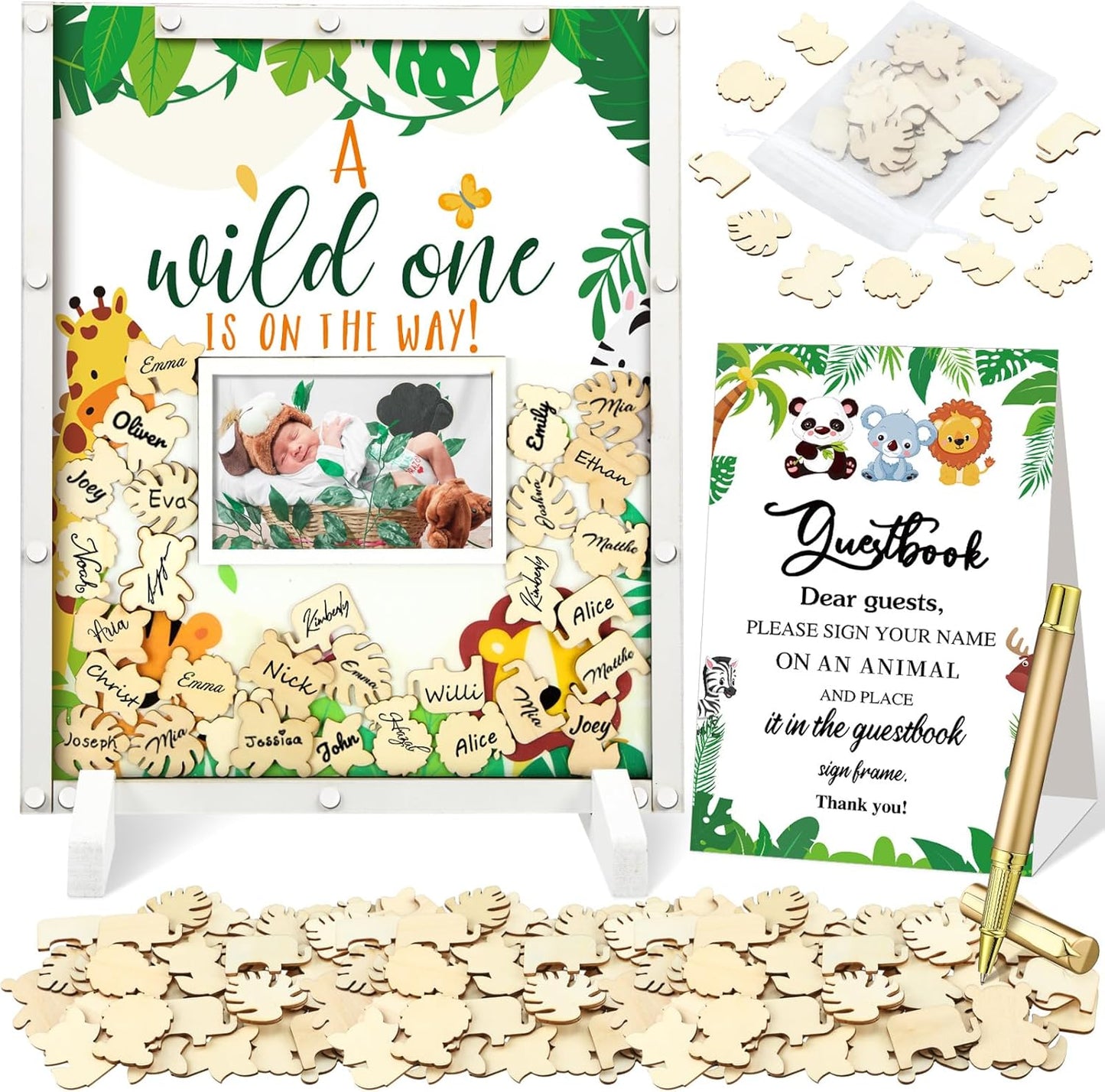 65 Pcs Safari Animal Baby Shower Guest Book Alternatives He or She Gender Reveal Baby Shower Decorations Sign in Guest Book with Picture Frame and 60 Wooden Chip