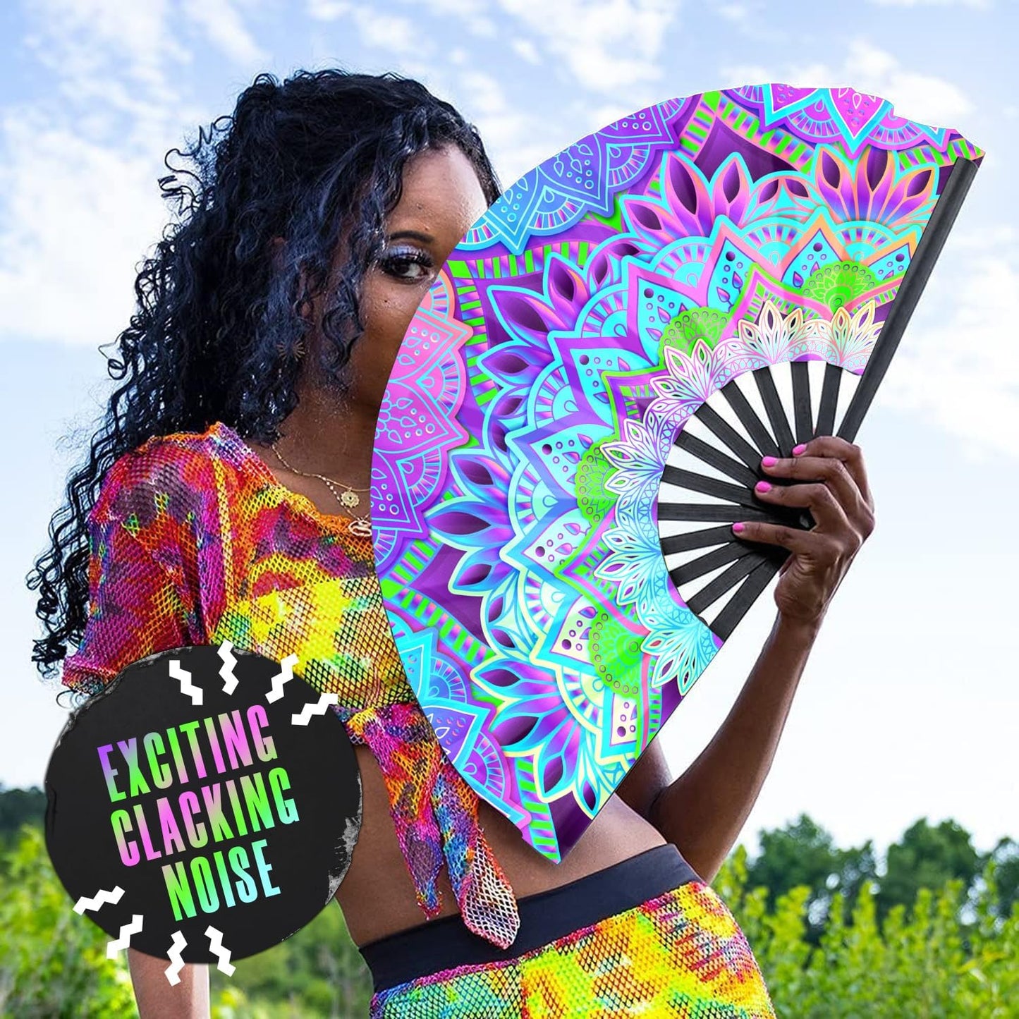 GloFX UV Glow Mandala Rave Handheld Fan - Teal, Pink, Purple & Green Design - Large Folding Fan for Festival Fashion, Essential Rave Accessories for Women, Foldable Hand Fan for Music Festival Outfits