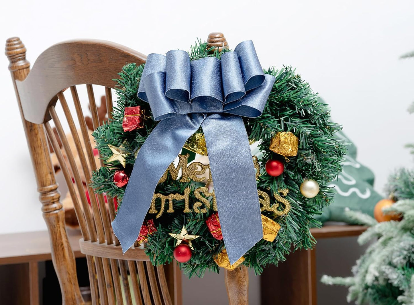 Dusty Blue Satin Wired Ribbon 2-1/2 Inch Double-Faced Sliver Glitter Christmas Ribbons for Wreath, Tree Decoration, Gift Wrapping, Home Decor 10 Yards