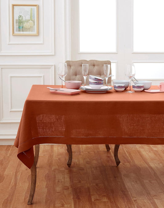 Solino Home Linen Cinnamon Tablecloth 52 x 52 Inch - 100% Pure Linen Square Table Throw - Classic Hemstitch, Machine Washable Table Cloth for Fall, Autumn, Halloween, Thanksgiving