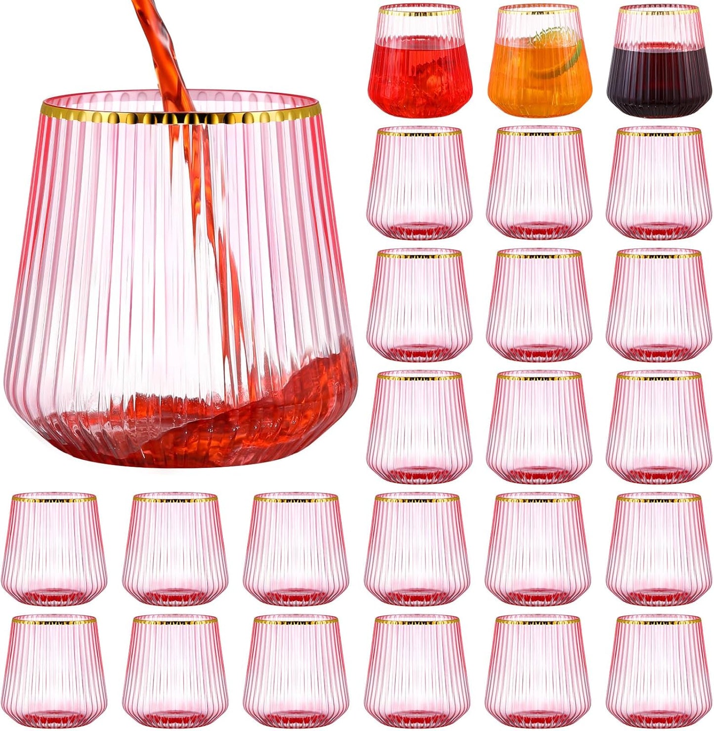 24 Pcs Pink Plastic Wine Glasses Ribbed Disposable Wine Glasses Unbreakable Stemless Champagne Whiskey Cups Ribbed Cocktail Plastic Cups for Wedding Home Office Bar (12 oz,Gold rim)