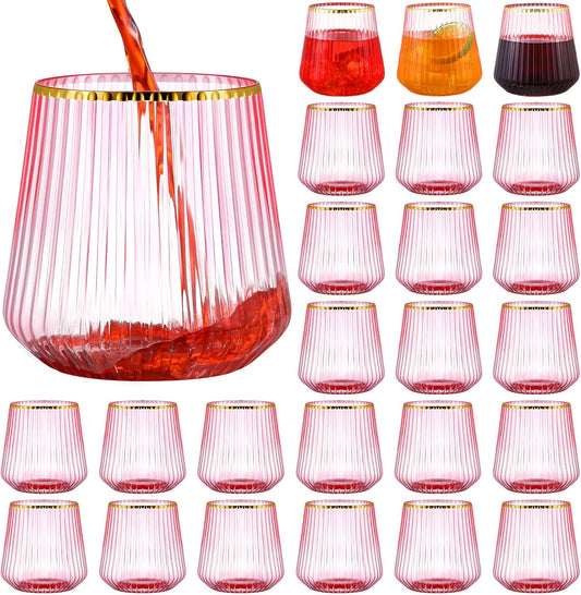 24 Pcs Pink Plastic Wine Glasses Ribbed Disposable Wine Glasses Unbreakable Stemless Champagne Whiskey Cups Ribbed Cocktail Plastic Cups for Wedding Home Office Bar (12 oz,Gold rim)