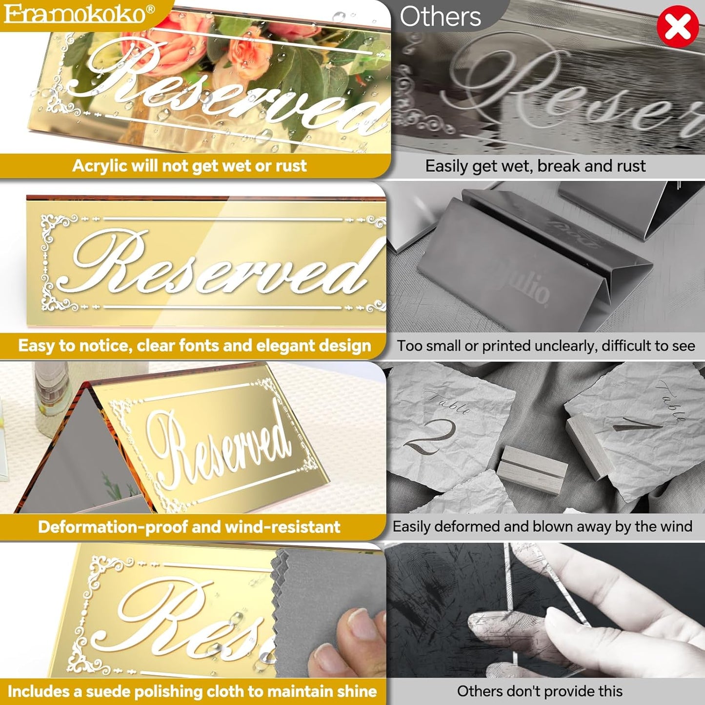 12 Pcs Mirrored Gold Reserved Table Signs, 6" x 2" Double-Sided Table Tent Sign with Suede Cleaning Cloth, Acrylic Reserved Signs for Wedding Restaurant Ceremony Party Banquet